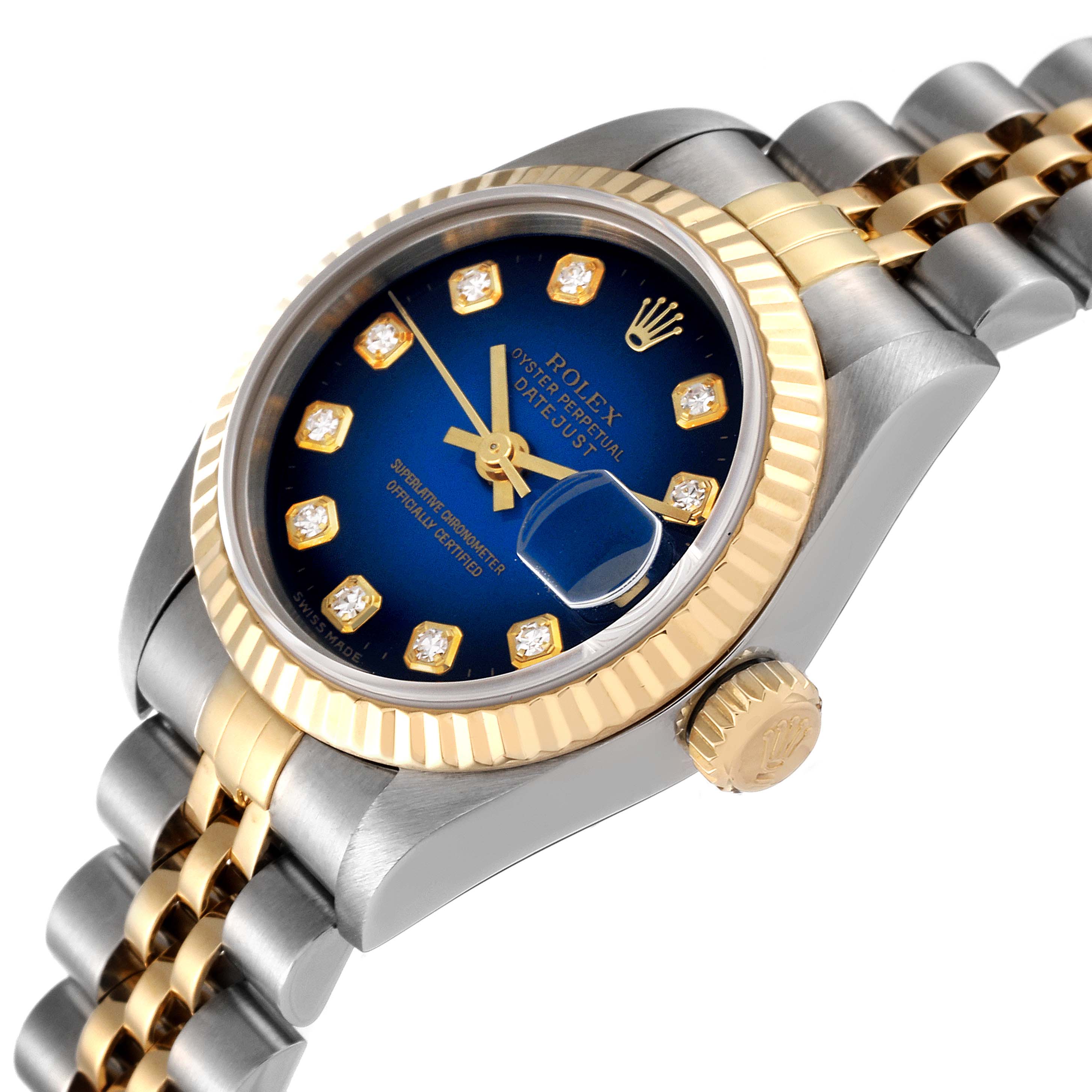 The image shows a close-up, angled view of a Rolex Datejust 69173 Women's Steel and Gold (two tone) Blue Dial 69173 Women's Steel and Gold (two tone) Blue Dial watch, highlighting the blue dial, diamond markers, gold fluted bezel, and two-tone bracelet.