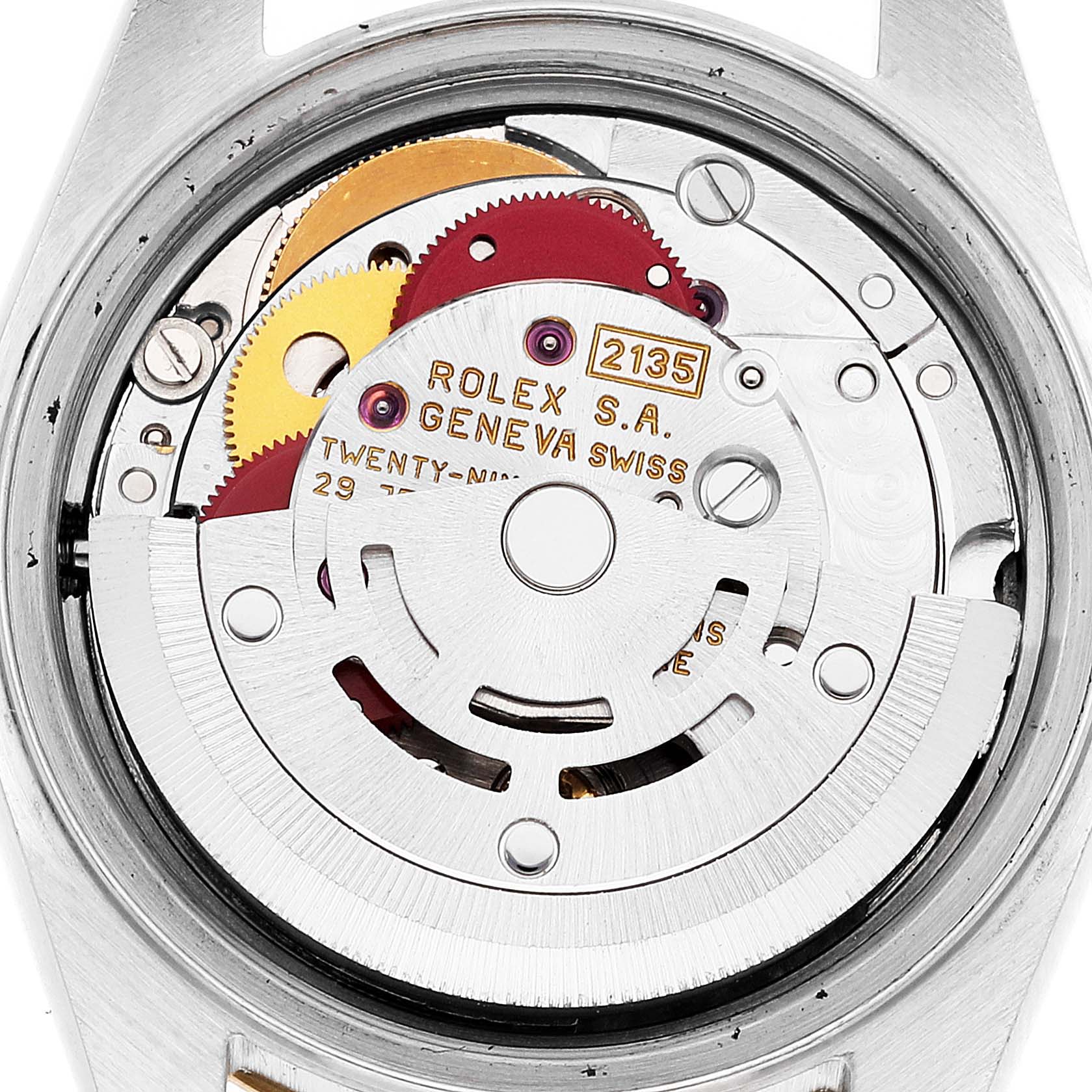 The image shows the back of the Rolex Datejust 69173 Women's Steel and Gold (two tone) Blue Dial 69173 Women's Steel and Gold (two tone) Blue Dial watch, revealing its inner movement mechanism.