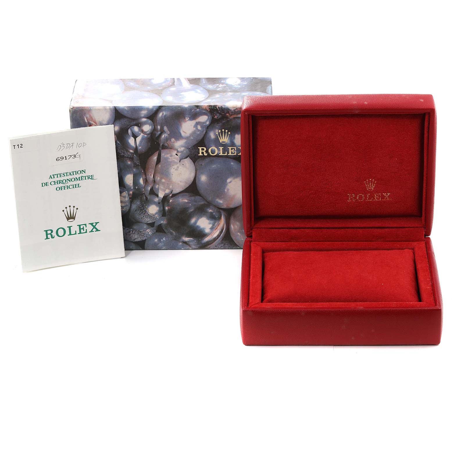 Image shows a Rolex Datejust 69173 Women's Steel and Gold (two tone) Blue Dial 69173 Women's Steel and Gold (two tone) Blue Dial model accessories, including a red watch box, outer box, and certificate booklet.