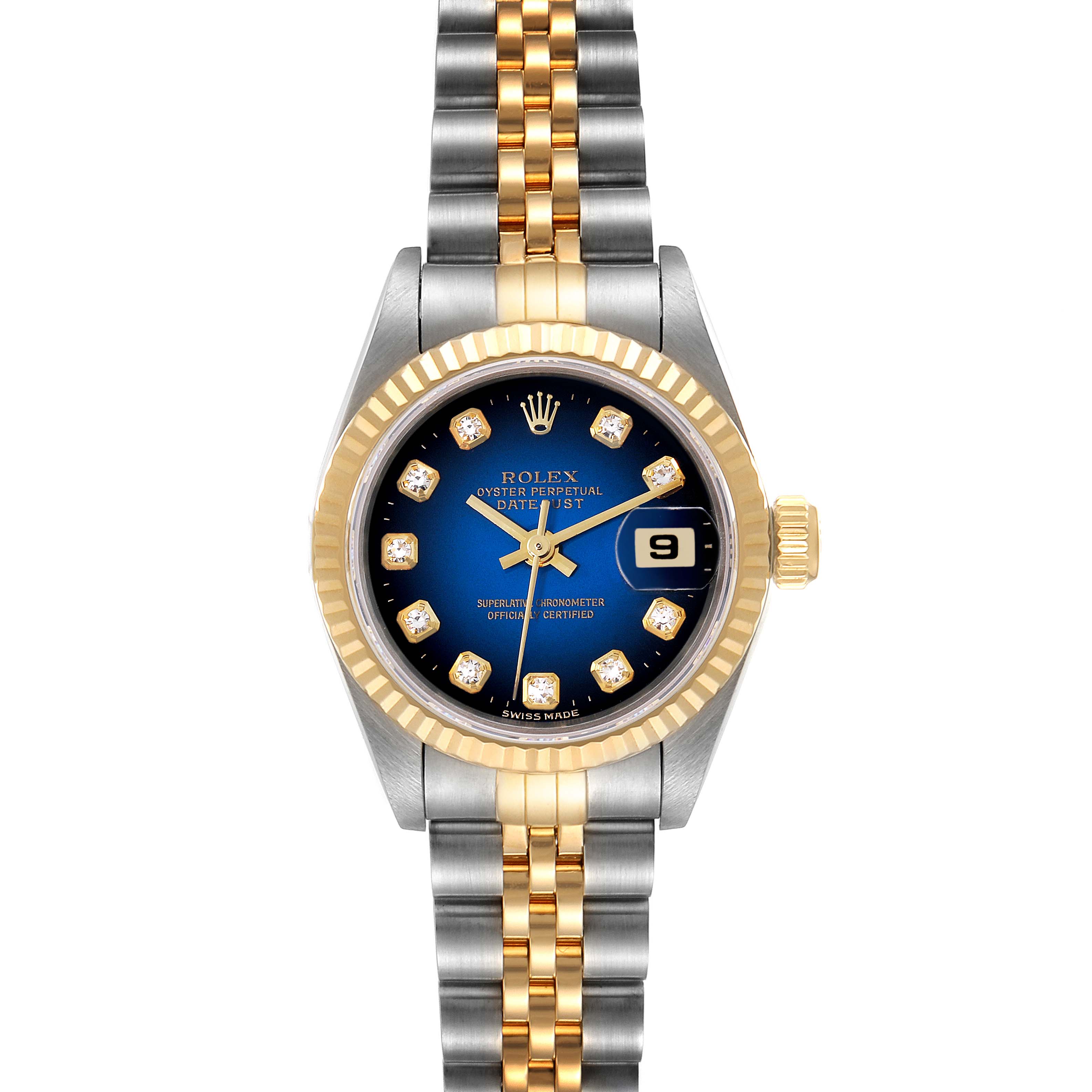 The Rolex Datejust 69173 Women's Steel and Gold (two tone) Blue Dial 69173 Women's Steel and Gold (two tone) Blue Dial watch is shown from a front angle, highlighting its blue dial, gold bezel, and two-tone bracelet.