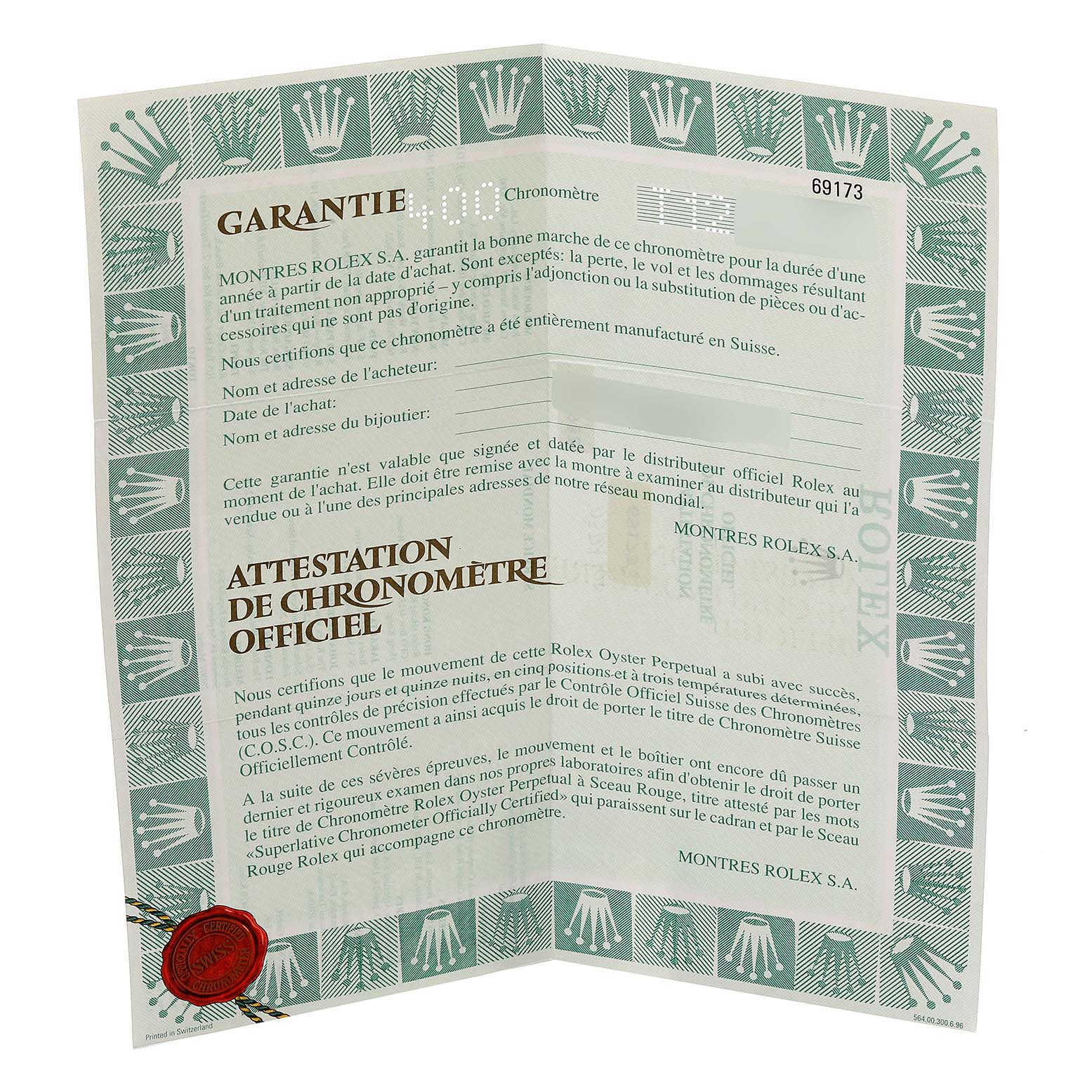 The image shows the official warranty and chronometer certification documents for a Rolex Datejust 69173 Women's Steel and Gold (two tone) Blue Dial 69173 Women's Steel and Gold (two tone) Blue Dial model.