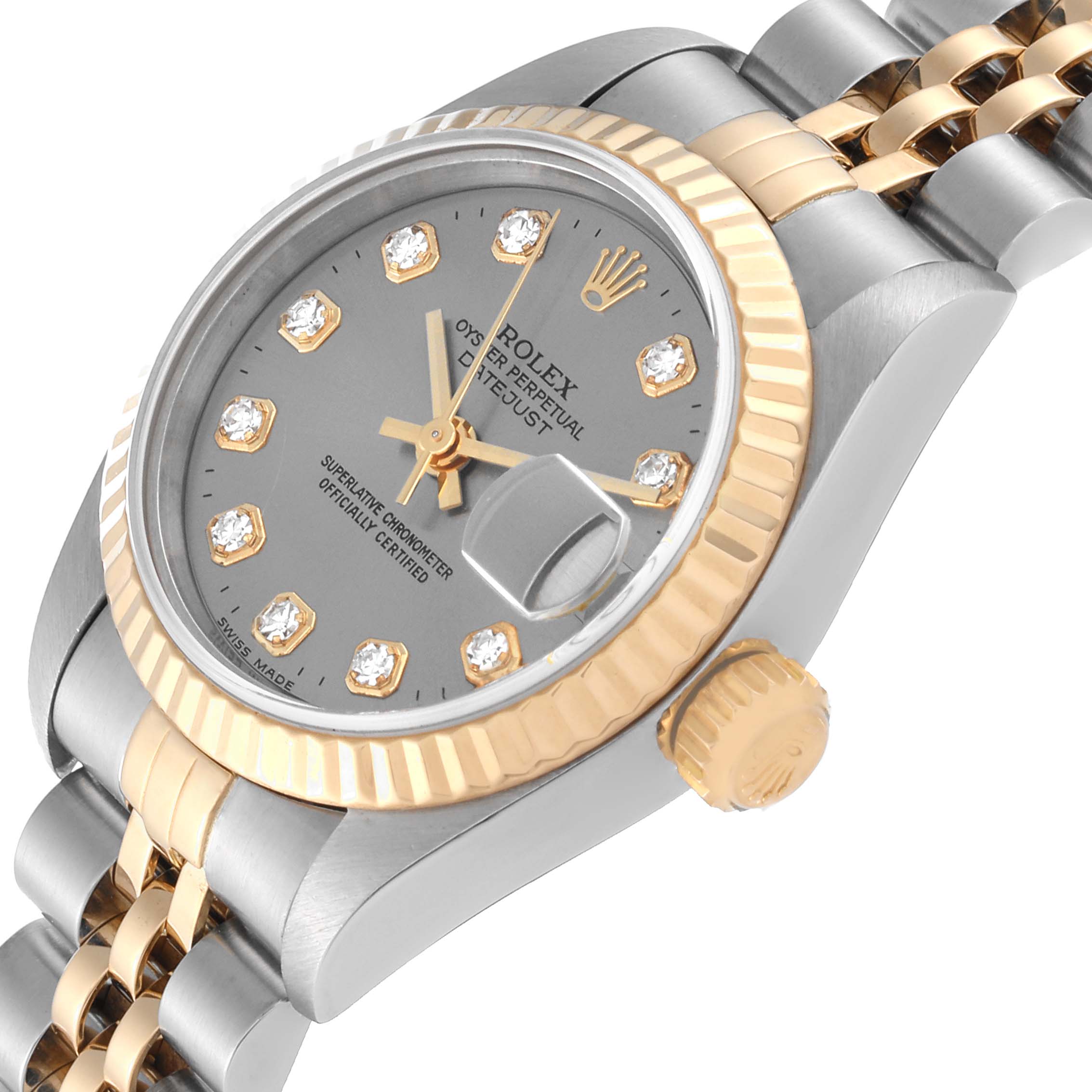 The image showcases the dial, bezel, and part of the bracelet of a Rolex Datejust 69173 Women's Steel and Gold (two tone) Silver Dial 69173 Women's Steel and Gold (two tone) Silver Dial watch from an angled perspective.