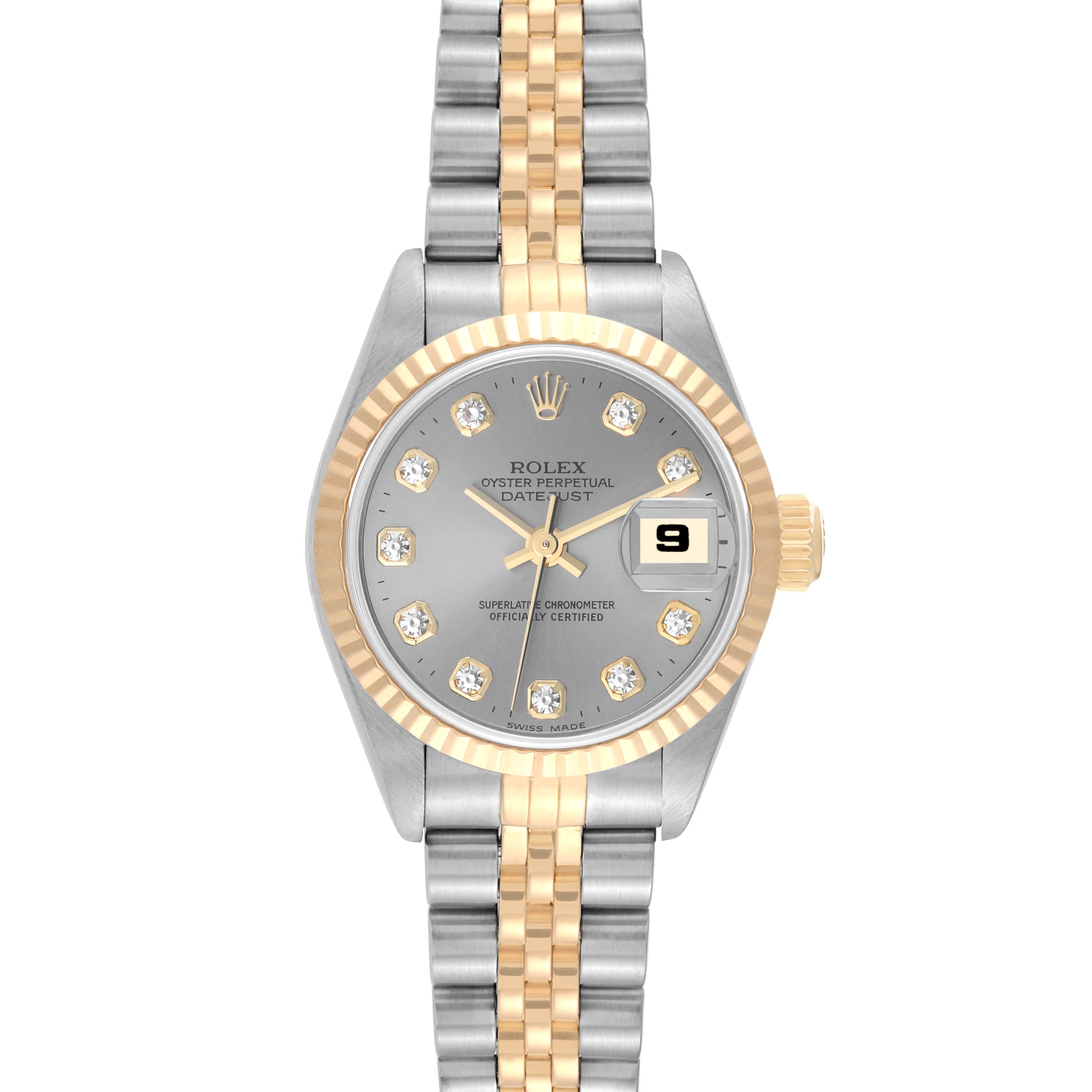 The image shows a Rolex Datejust 69173 Women's Steel and Gold (two tone) Silver Dial 69173 Women's Steel and Gold (two tone) Silver Dial watch from a front angle, highlighting its gold and silver bracelet, fluted bezel, and date window.