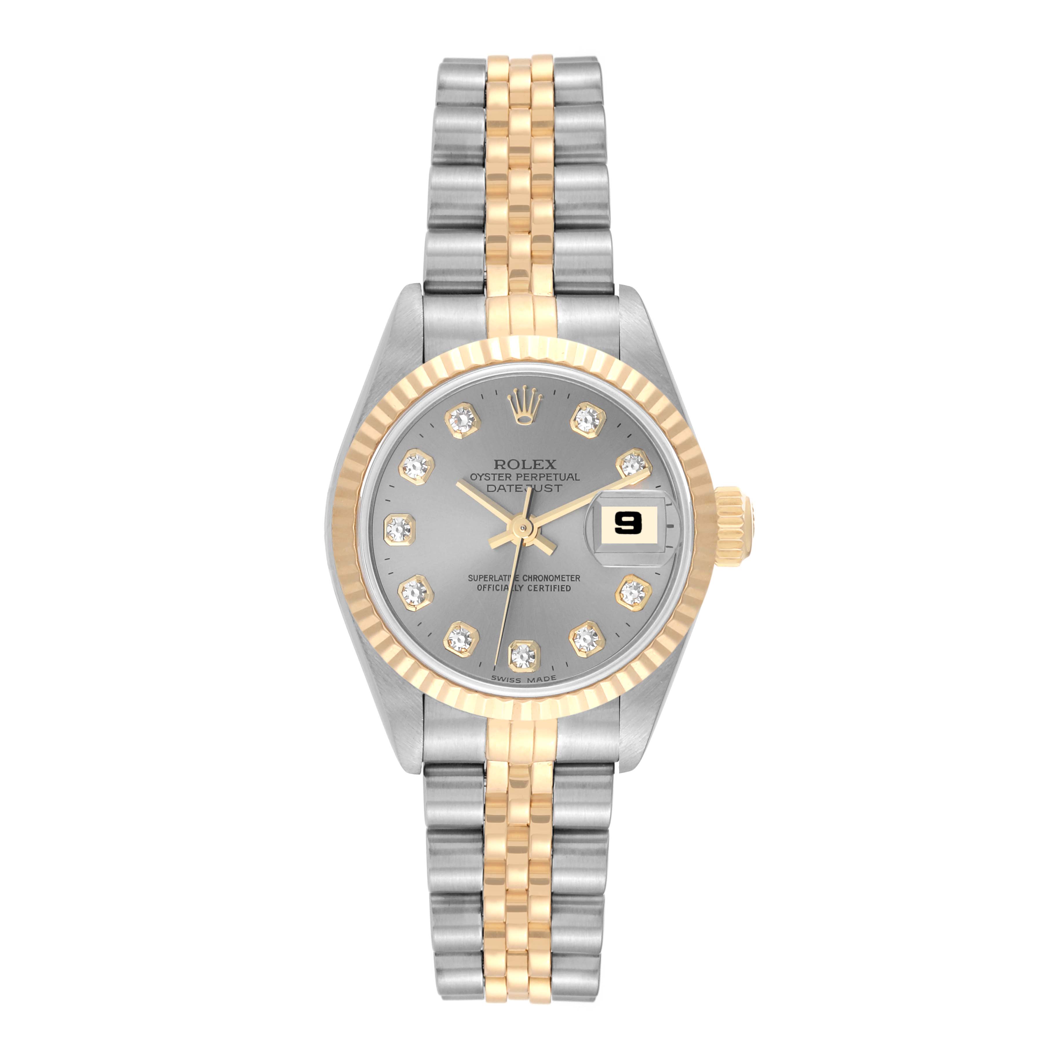 The image shows a front view of a Rolex Datejust 69173 Women's Steel and Gold (two tone) Silver Dial 69173 Women's Steel and Gold (two tone) Silver Dial watch with a silver and gold bracelet and a grey dial adorned with diamond hour markers.
