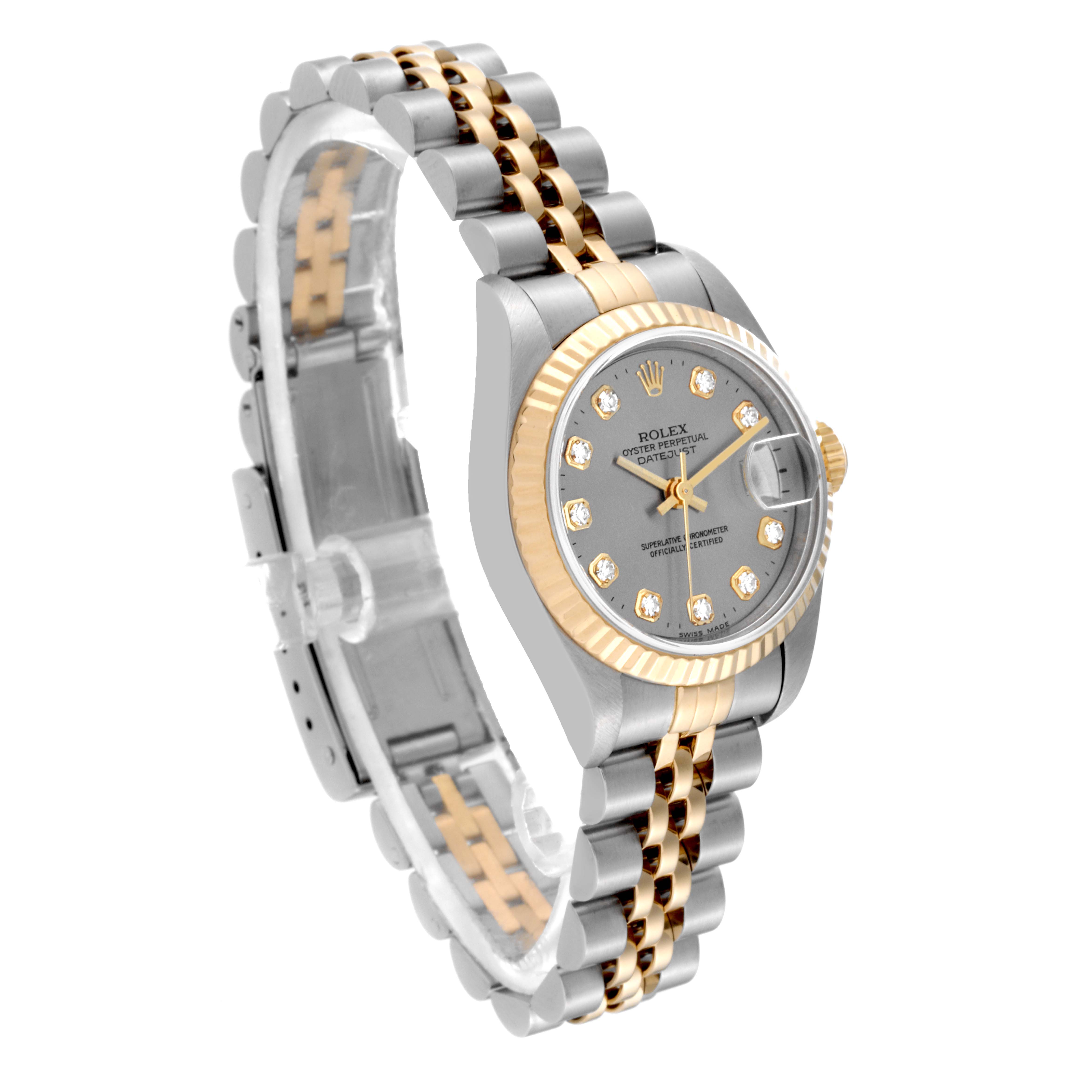 The Rolex Datejust 69173 Women's Steel and Gold (two tone) Silver Dial 69173 Women's Steel and Gold (two tone) Silver Dial is shown at a three-quarter angle highlighting the dial, fluted bezel, crown, and Jubilee bracelet.
