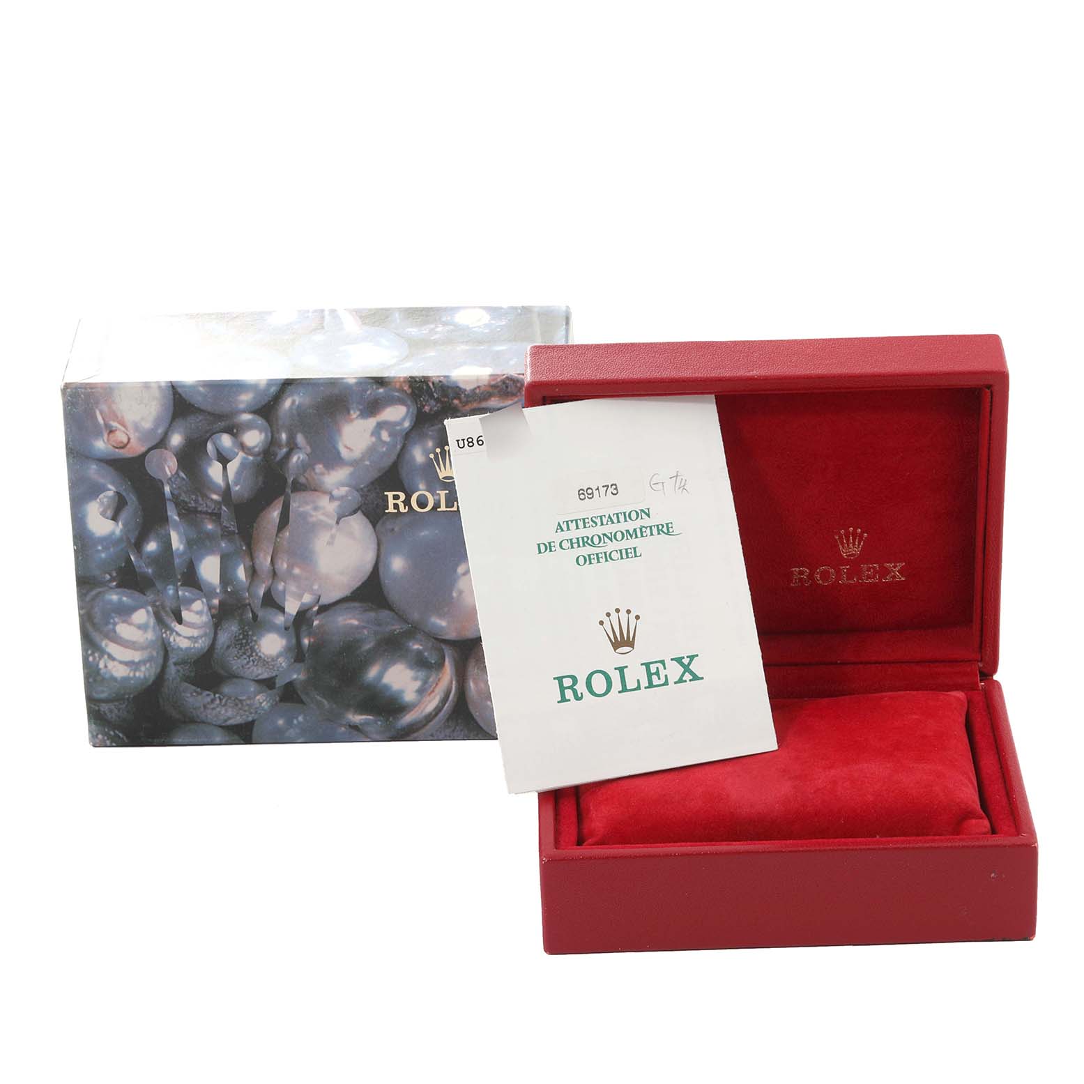 The image shows the box and certificate for a Rolex Datejust 69173 Women's Steel and Gold (two tone) Silver Dial 69173 Women's Steel and Gold (two tone) Silver Dial watch with the box open, featuring the red interior.