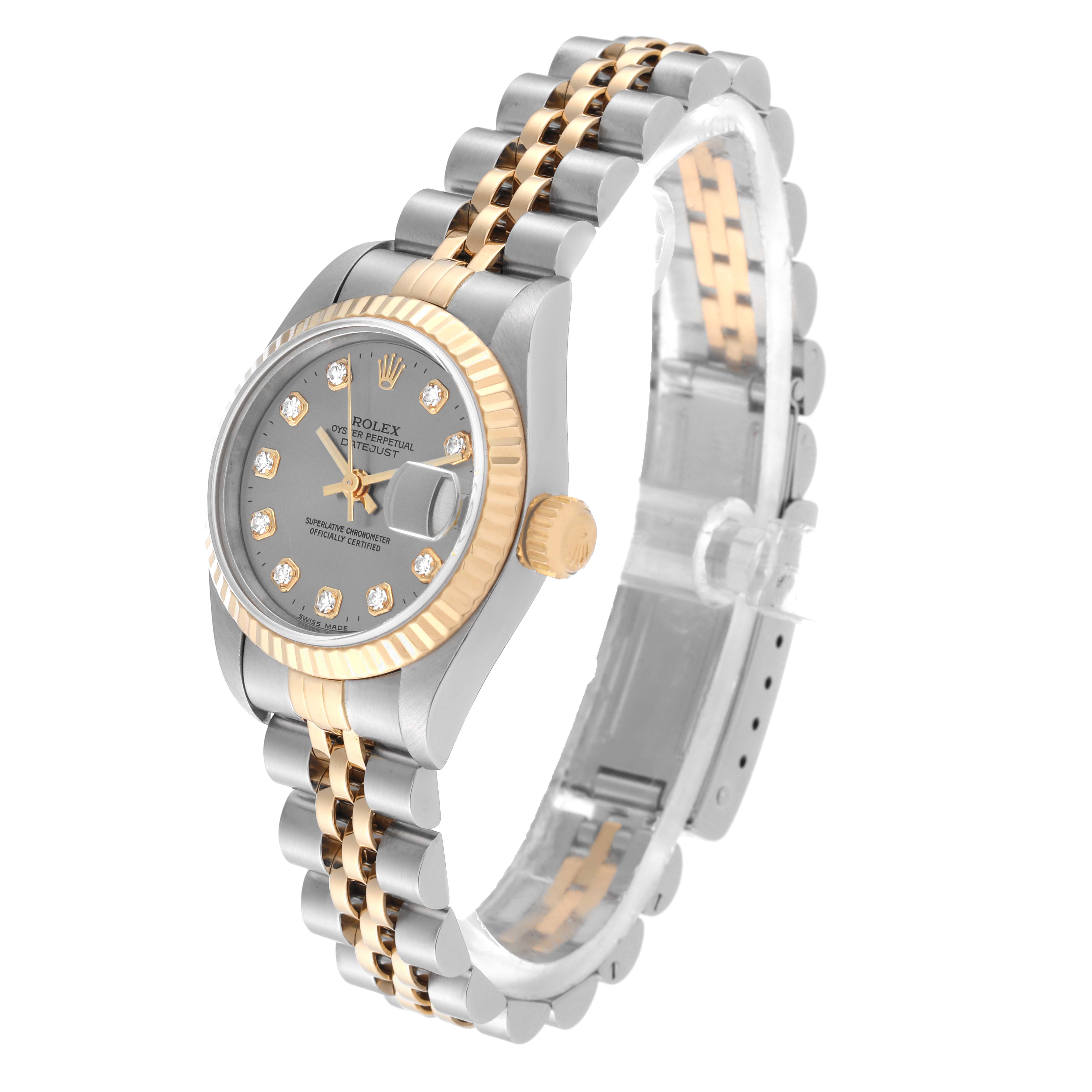 The image shows a Rolex Datejust 69173 Women's Steel and Gold (two tone) Silver Dial 69173 Women's Steel and Gold (two tone) Silver Dial watch at a three-quarter angle, highlighting the dial, bezel, crown, and bracelet.