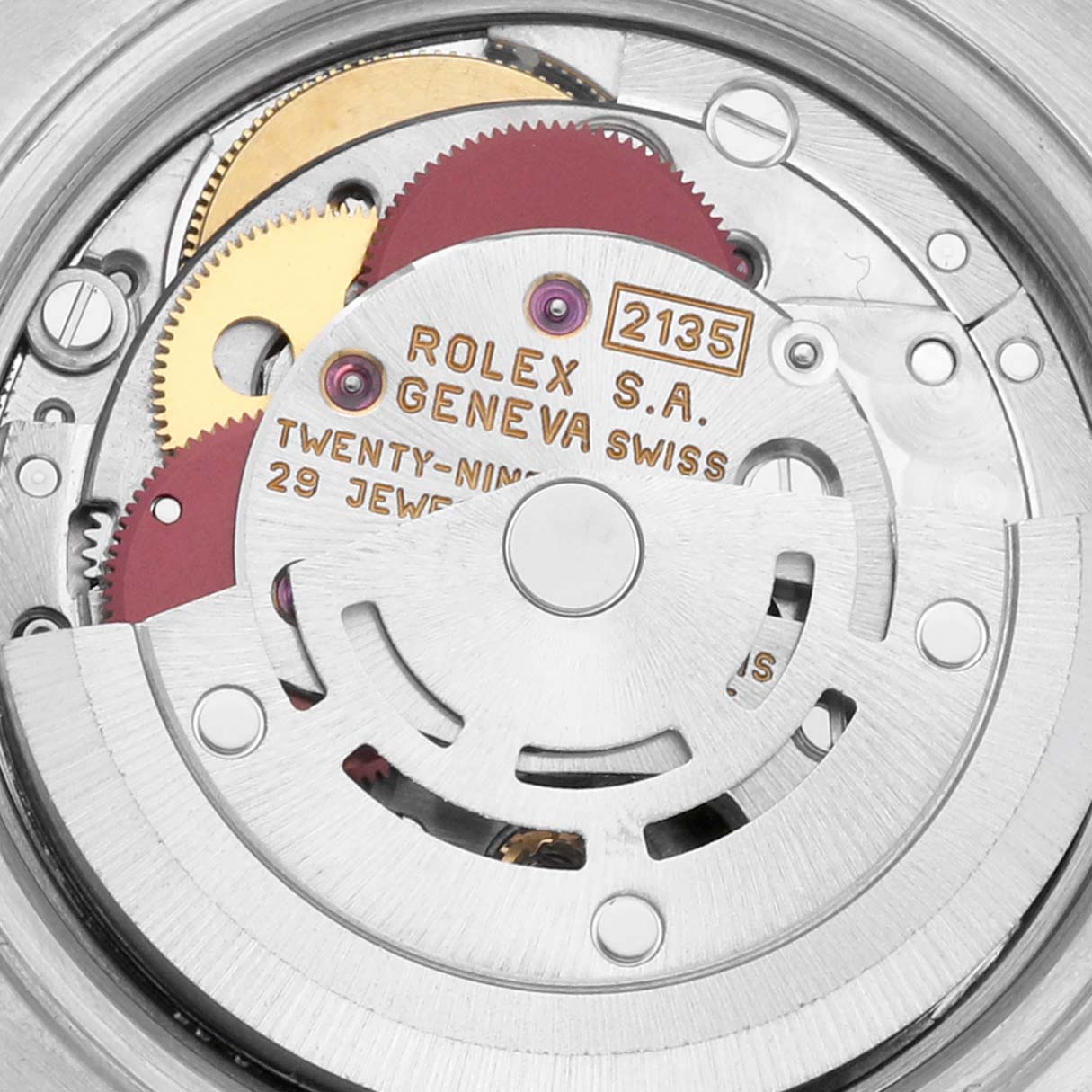 The image shows a close-up of the internal movement mechanism of a Rolex Datejust 69173 Women's Steel and Gold (two tone) Silver Dial 69173 Women's Steel and Gold (two tone) Silver Dial.