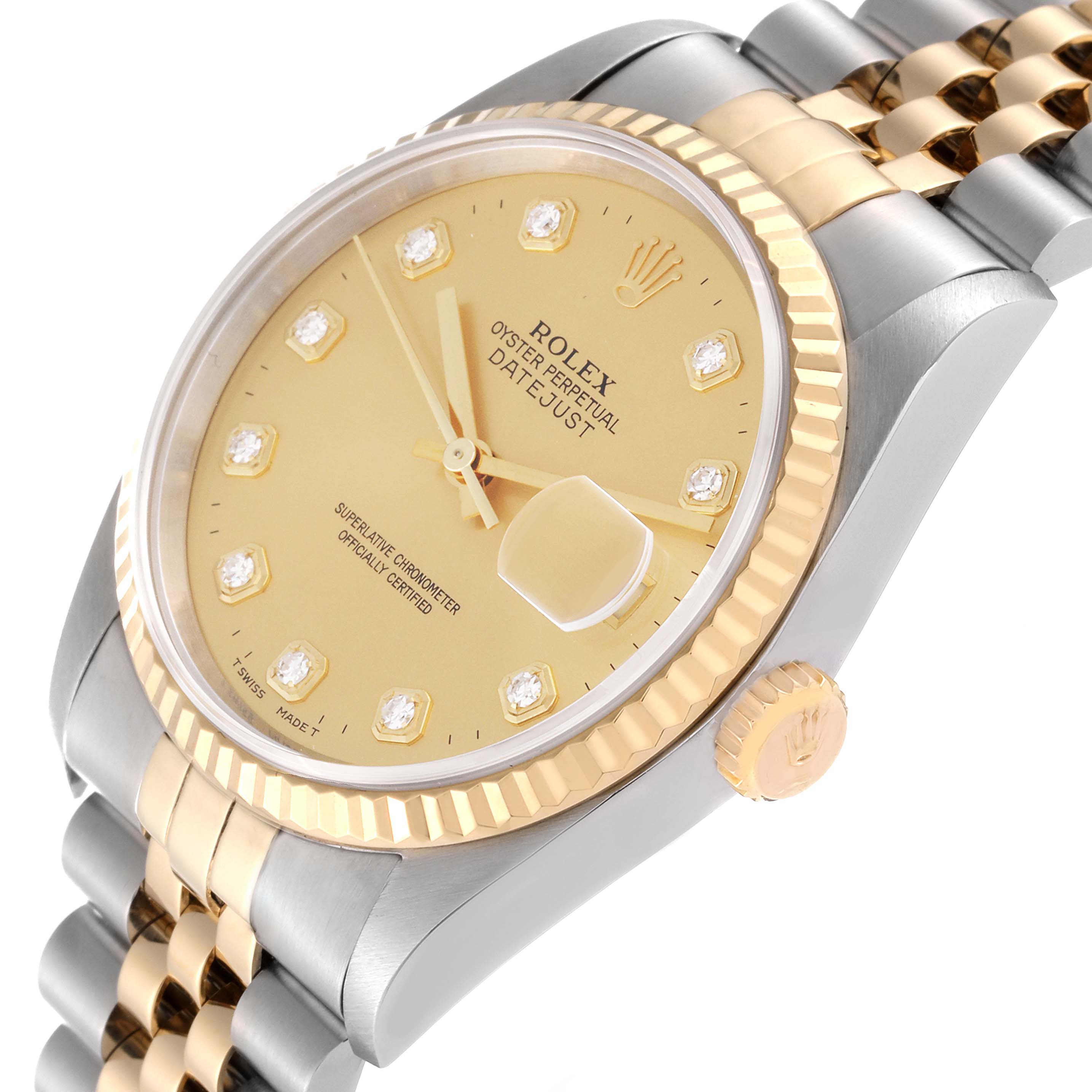 This image shows a close-up of the Rolex Datejust 16233 Men's Steel and Gold (two tone) Champagne Dial 16233 Men's Steel and Gold (two tone) Champagne Dial watch at a slight side angle, highlighting the dial, bezel, and part of the bracelet.