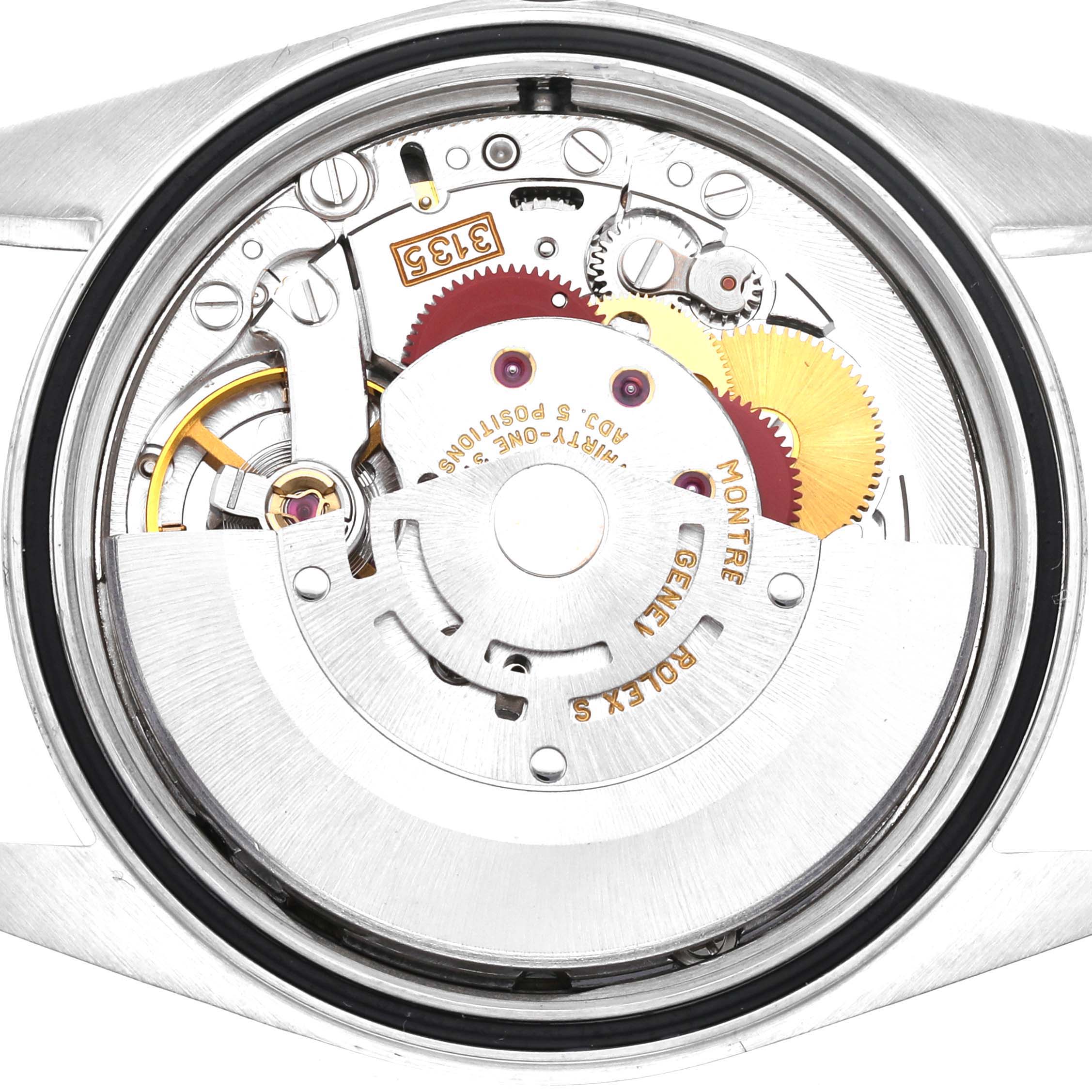 This image shows the inner mechanical movement of a Rolex Datejust 16233 Men's Steel and Gold (two tone) Champagne Dial 16233 Men's Steel and Gold (two tone) Champagne Dial watch, viewed from the back case.
