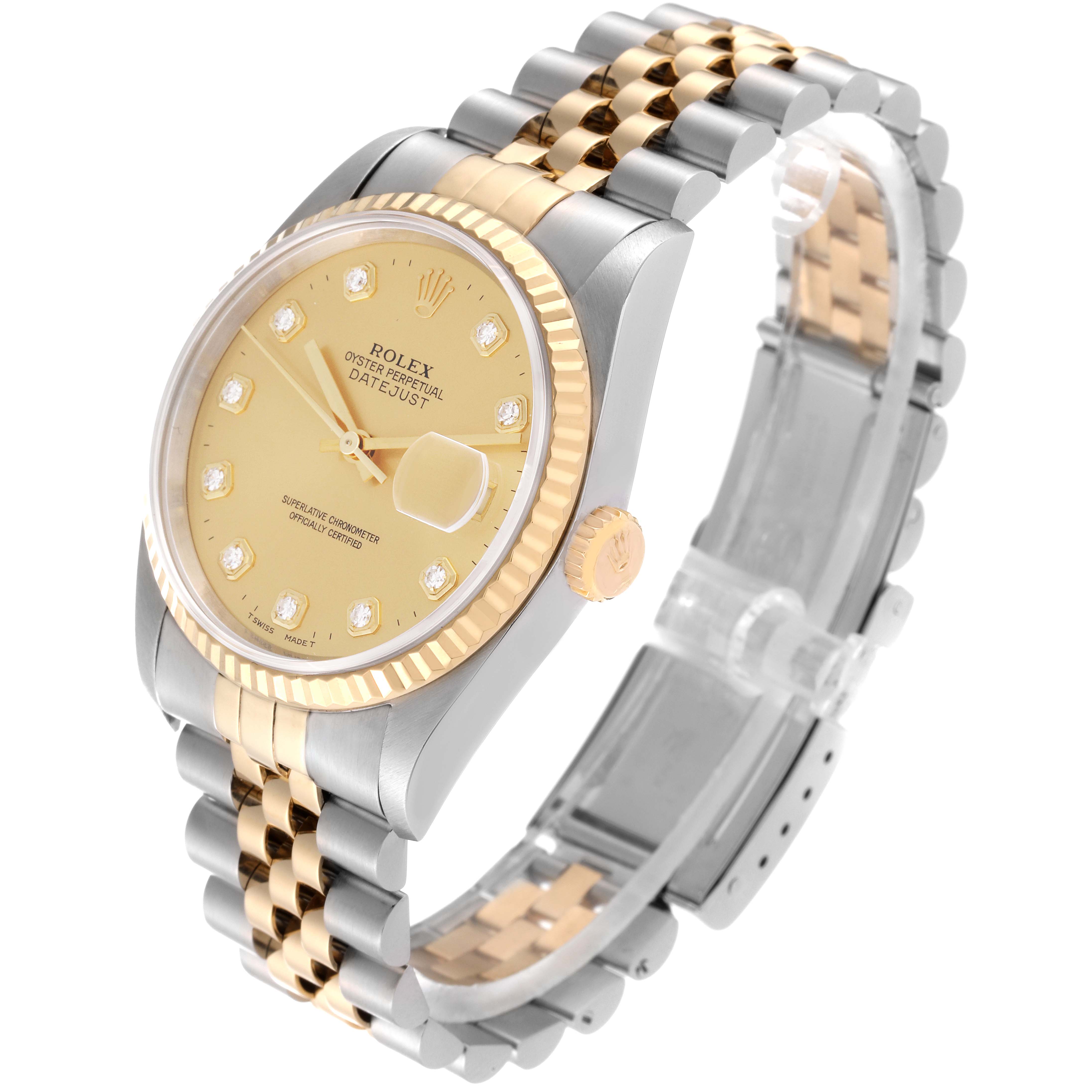 This image shows a Rolex Datejust 16233 Men's Steel and Gold (two tone) Champagne Dial 16233 Men's Steel and Gold (two tone) Champagne Dial watch at a three-quarter angle, highlighting the face, bezel, crown, and bracelet.