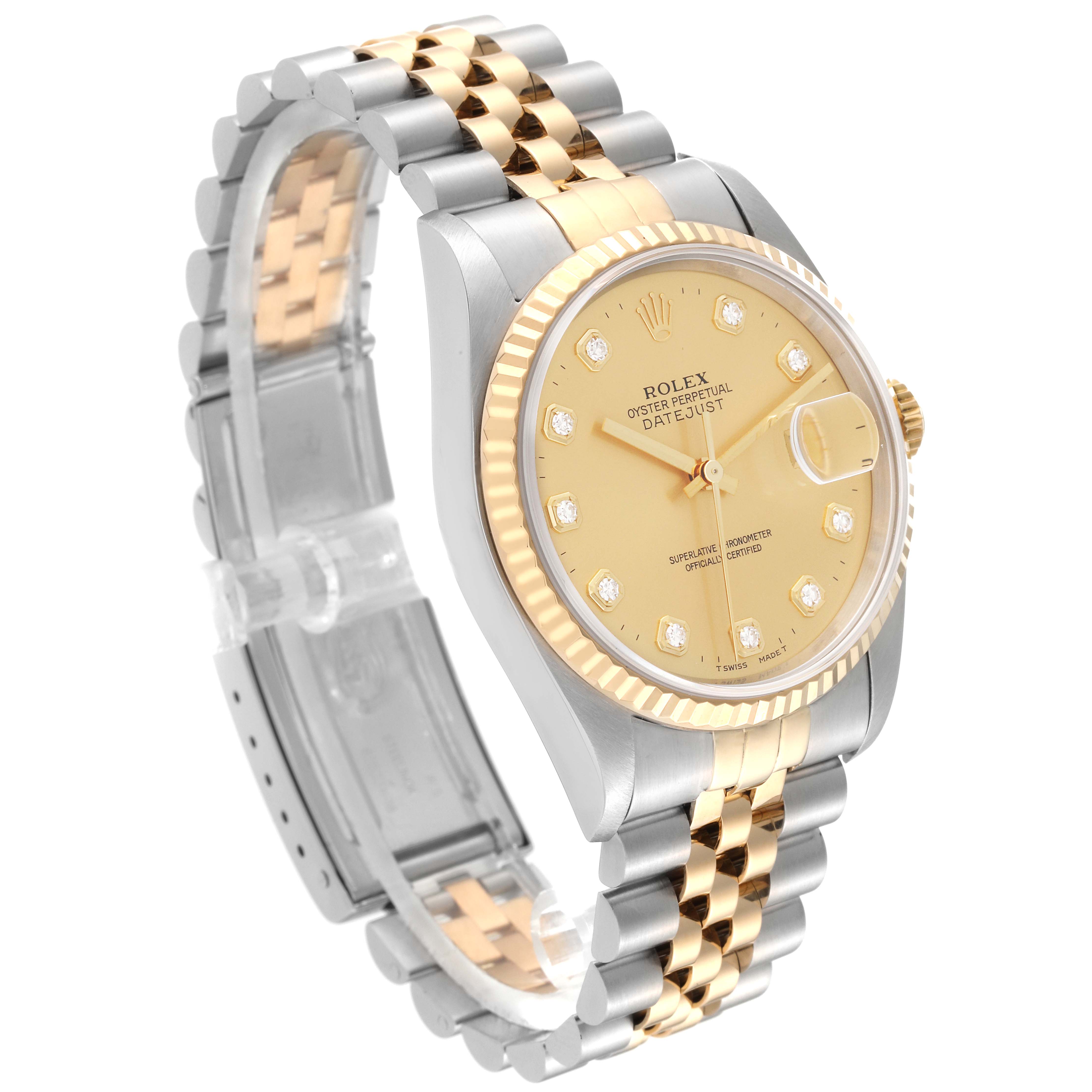 This Rolex Datejust 16233 Men's Steel and Gold (two tone) Champagne Dial 16233 Men's Steel and Gold (two tone) Champagne Dial model is shown at a three-quarter angle featuring the face, bracelet, and clasp.