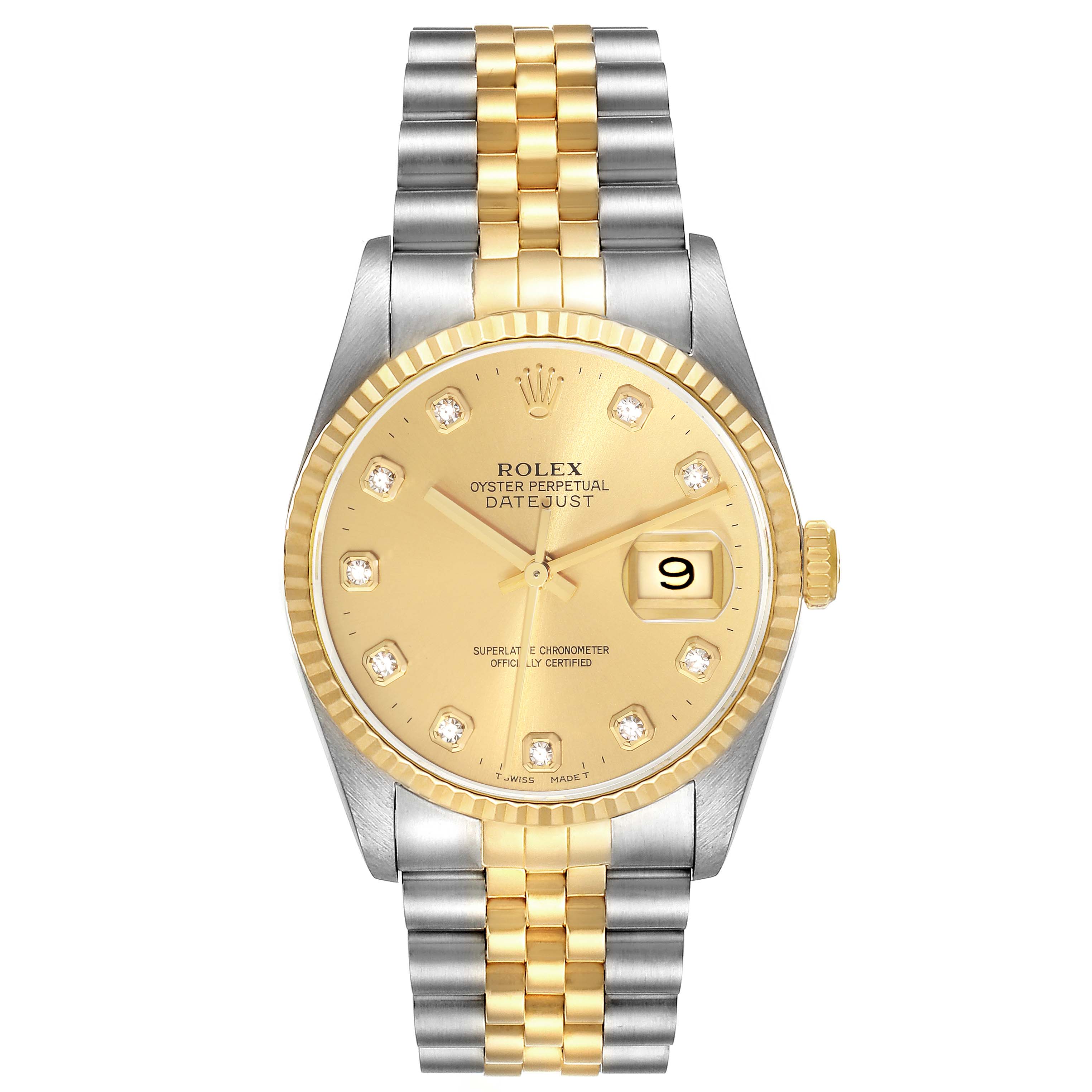 The image shows a front view of the Rolex Datejust 16233 Men's Steel and Gold (two tone) Champagne Dial 16233 Men's Steel and Gold (two tone) Champagne Dial watch, highlighting its two-tone bracelet, gold dial, and date display.
