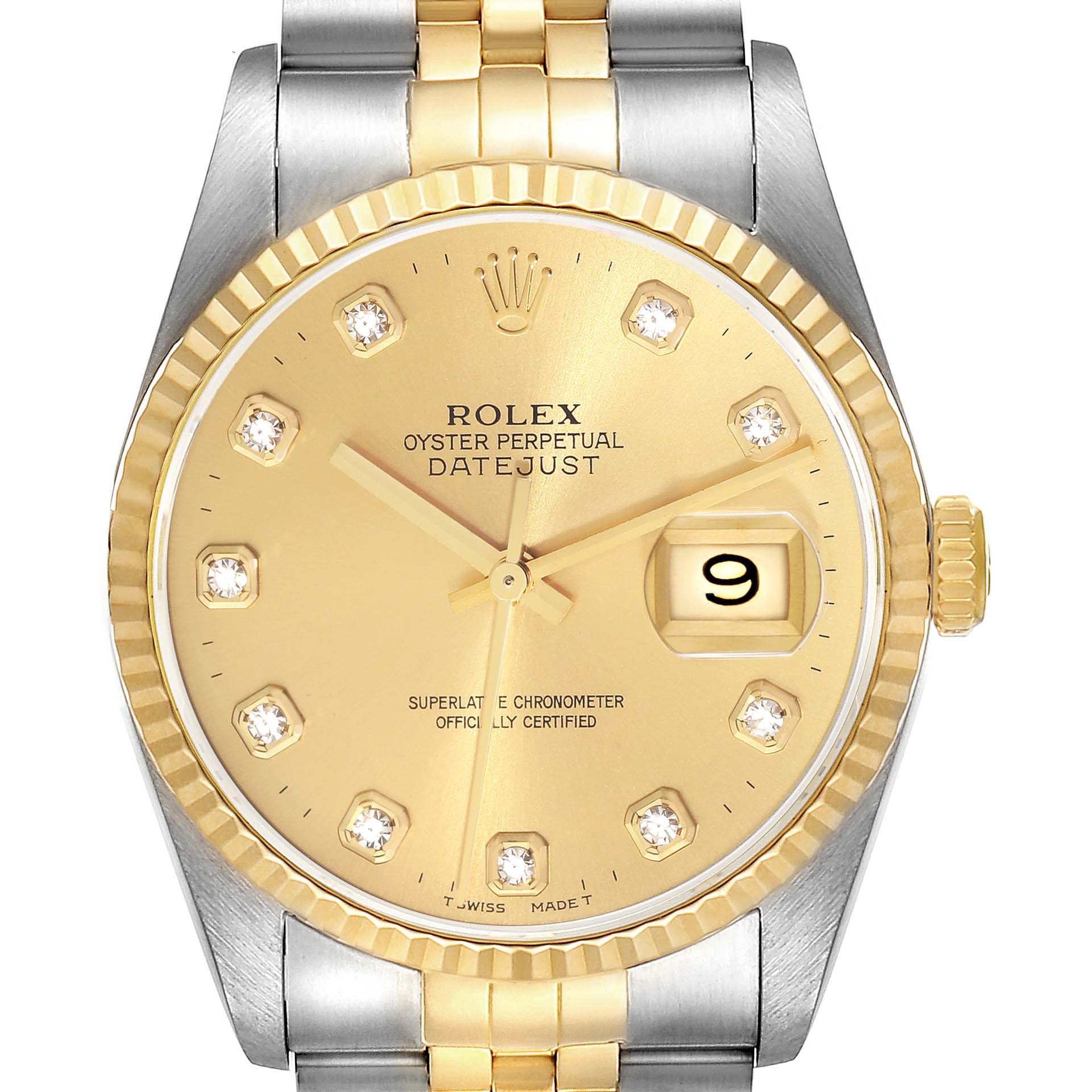 This image shows a front view of the Rolex Datejust 16233 Men's Steel and Gold (two tone) Champagne Dial 16233 Men's Steel and Gold (two tone) Champagne Dial watch, highlighting its gold dial, date display, and two-tone bracelet.