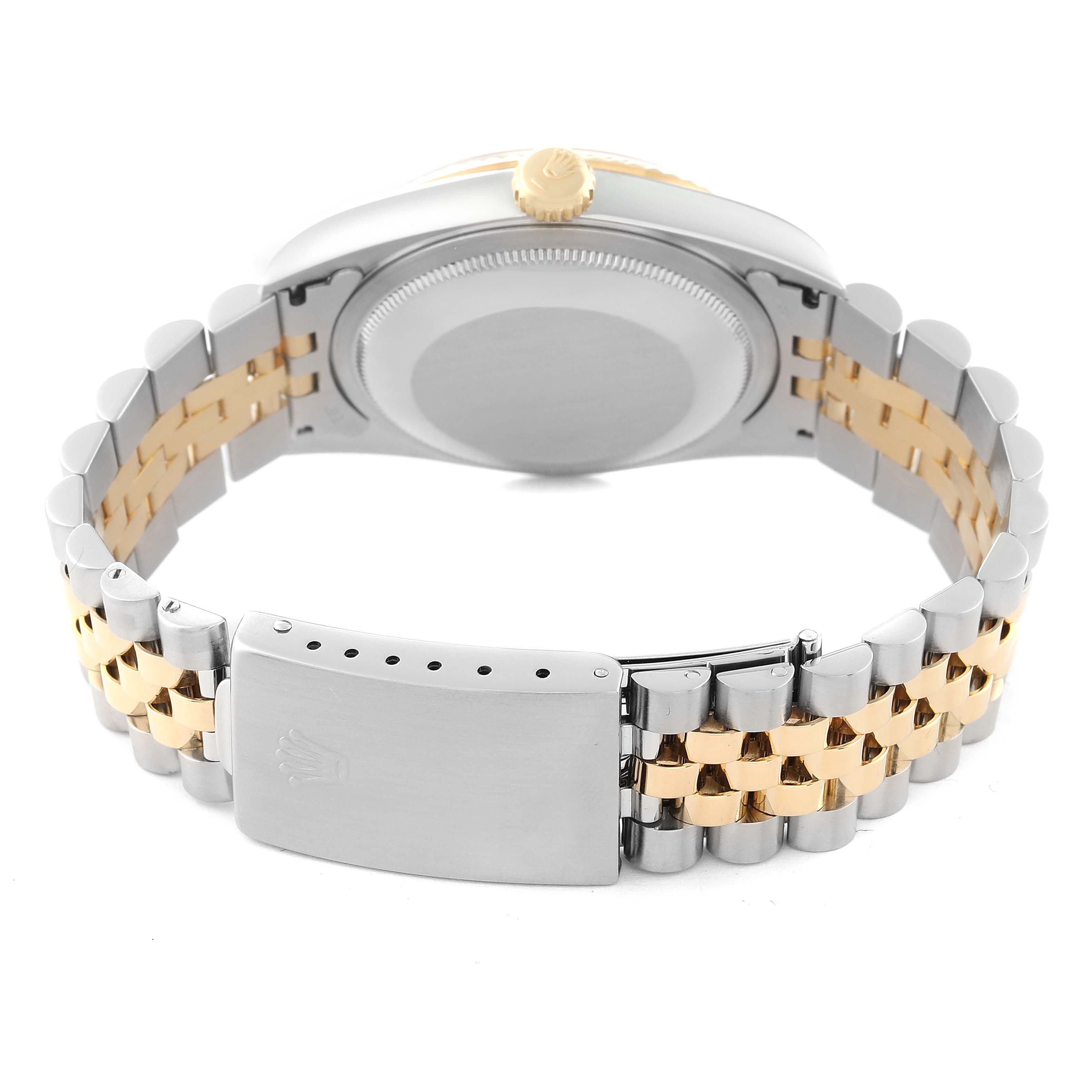 This image shows the back case and bracelet of a Rolex Datejust 16233 Men's Steel and Gold (two tone) Champagne Dial 16233 Men's Steel and Gold (two tone) Champagne Dial watch, featuring a two-tone design with a visible clasp.