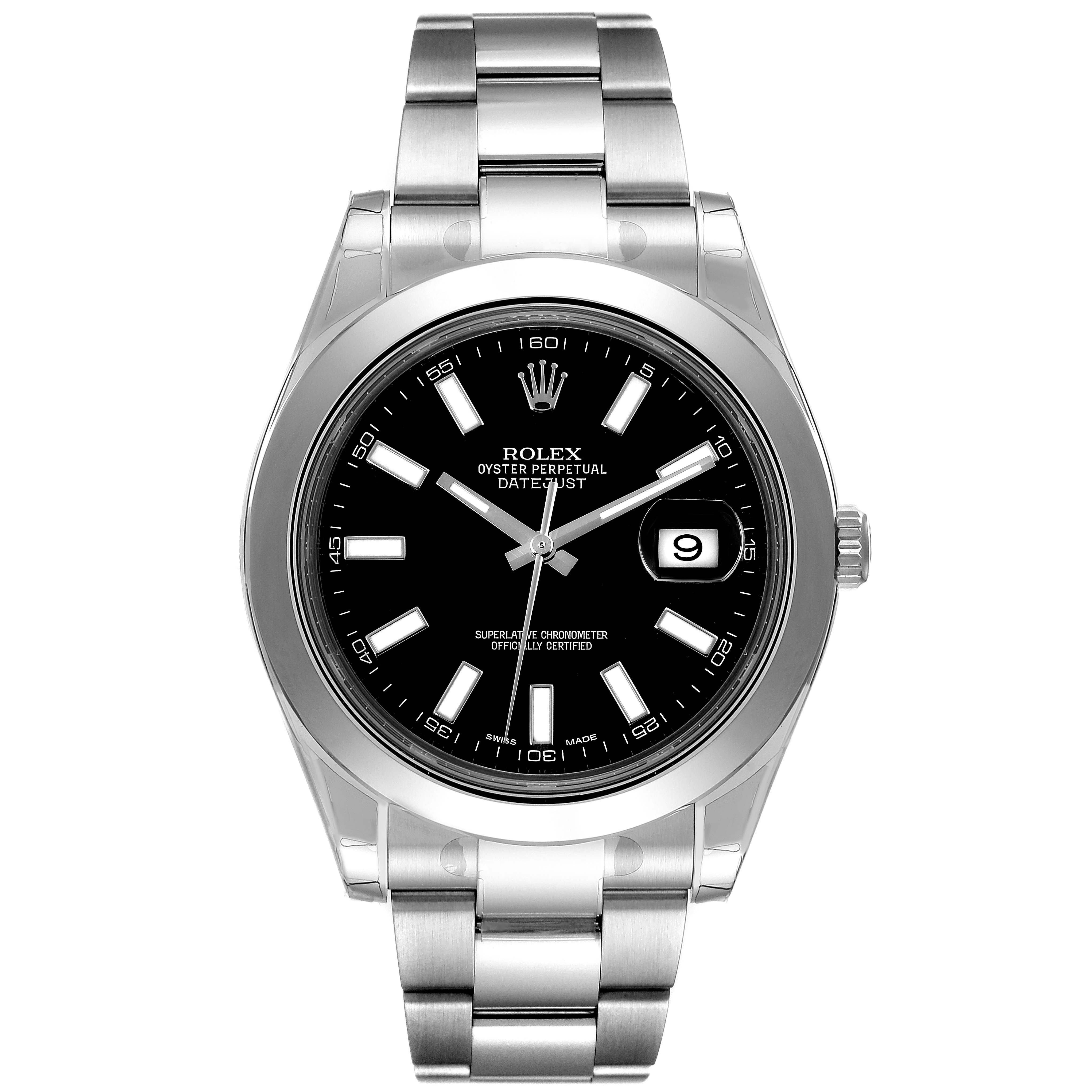 This is a front-angle view of a Rolex Datejust 41 116300 Men
s Stainless Steel Black Dial 116300 Men
s Stainless Steel Black Dial watch showing the bracelet, case, dial, and date window.