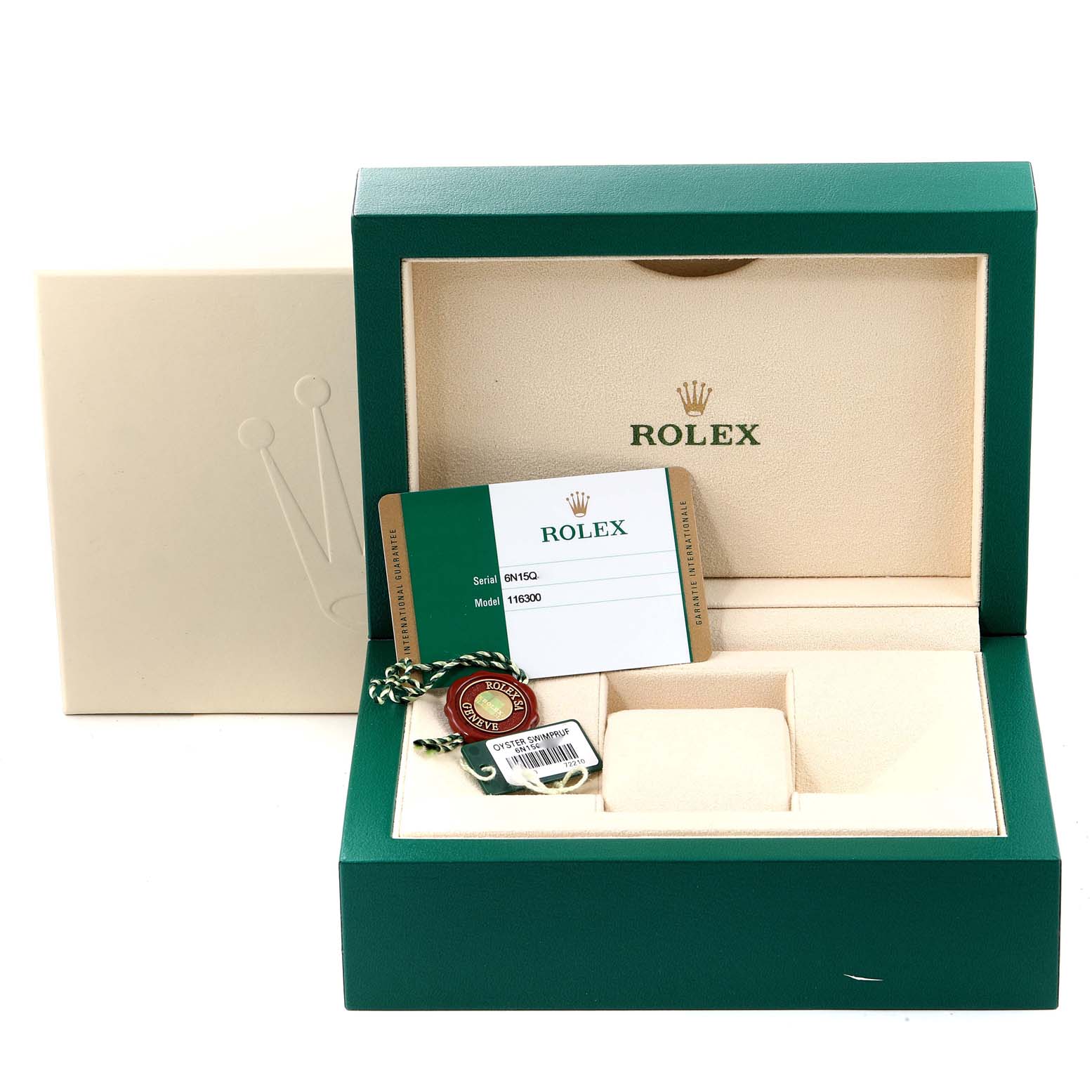 The image shows the packaging for a Rolex Datejust 41 116300 Men
s Stainless Steel Black Dial 116300 Men
s Stainless Steel Black Dial watch, including the green box, warranty card, and tags.