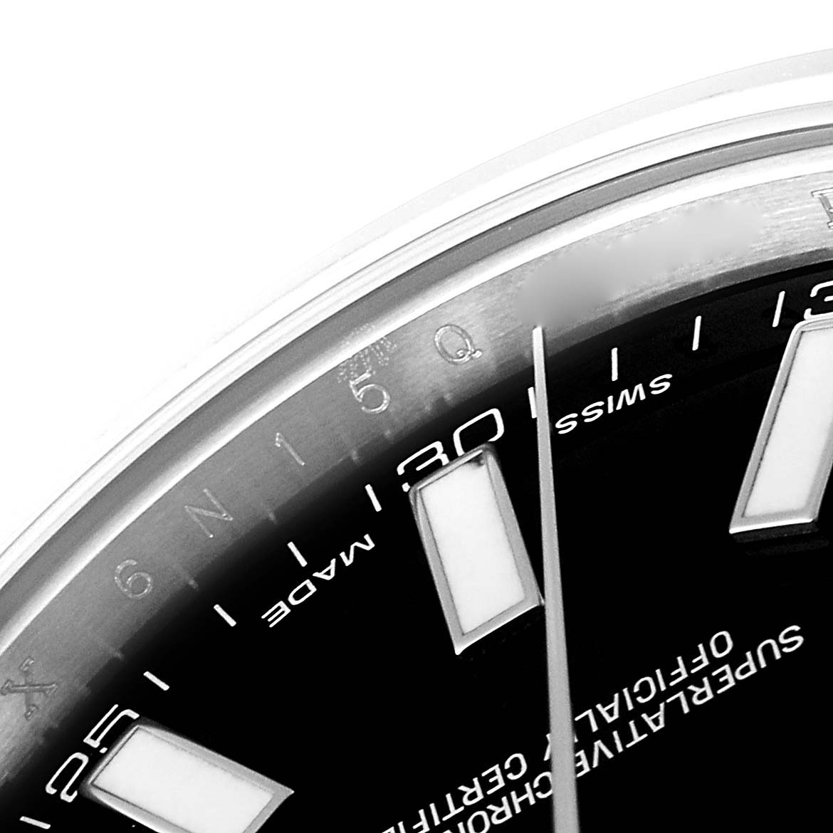 This is a close-up of the dial from the Rolex Datejust 41 116300 Men
s Stainless Steel Black Dial 116300 Men
s Stainless Steel Black Dial, showing the hour markers, minute indices, and part of the hands.