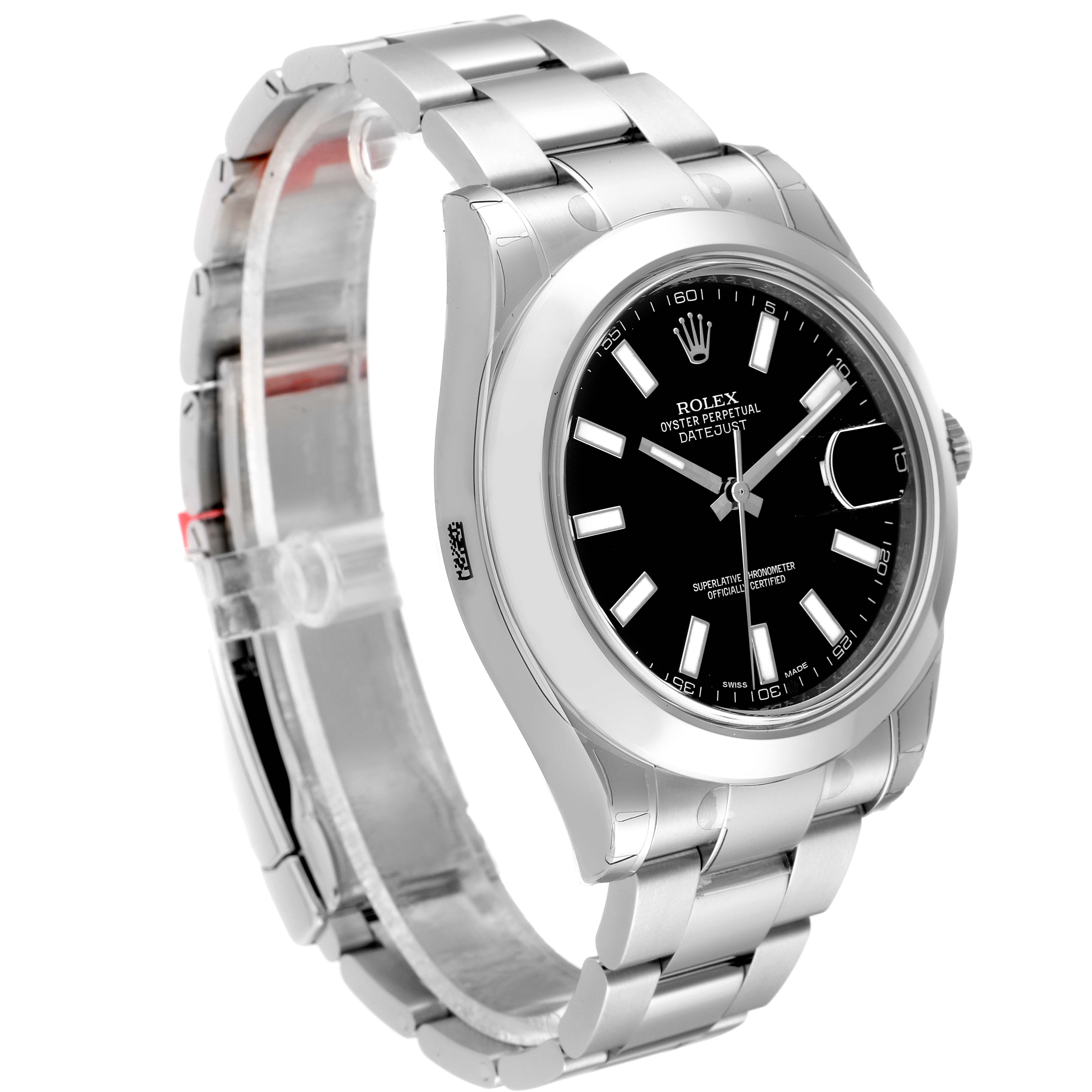 The Rolex Datejust 41 116300 Men
s Stainless Steel Black Dial 116300 Men
s Stainless Steel Black Dial watch is shown at a front angle, highlighting its black dial, bracelet, and bezel.