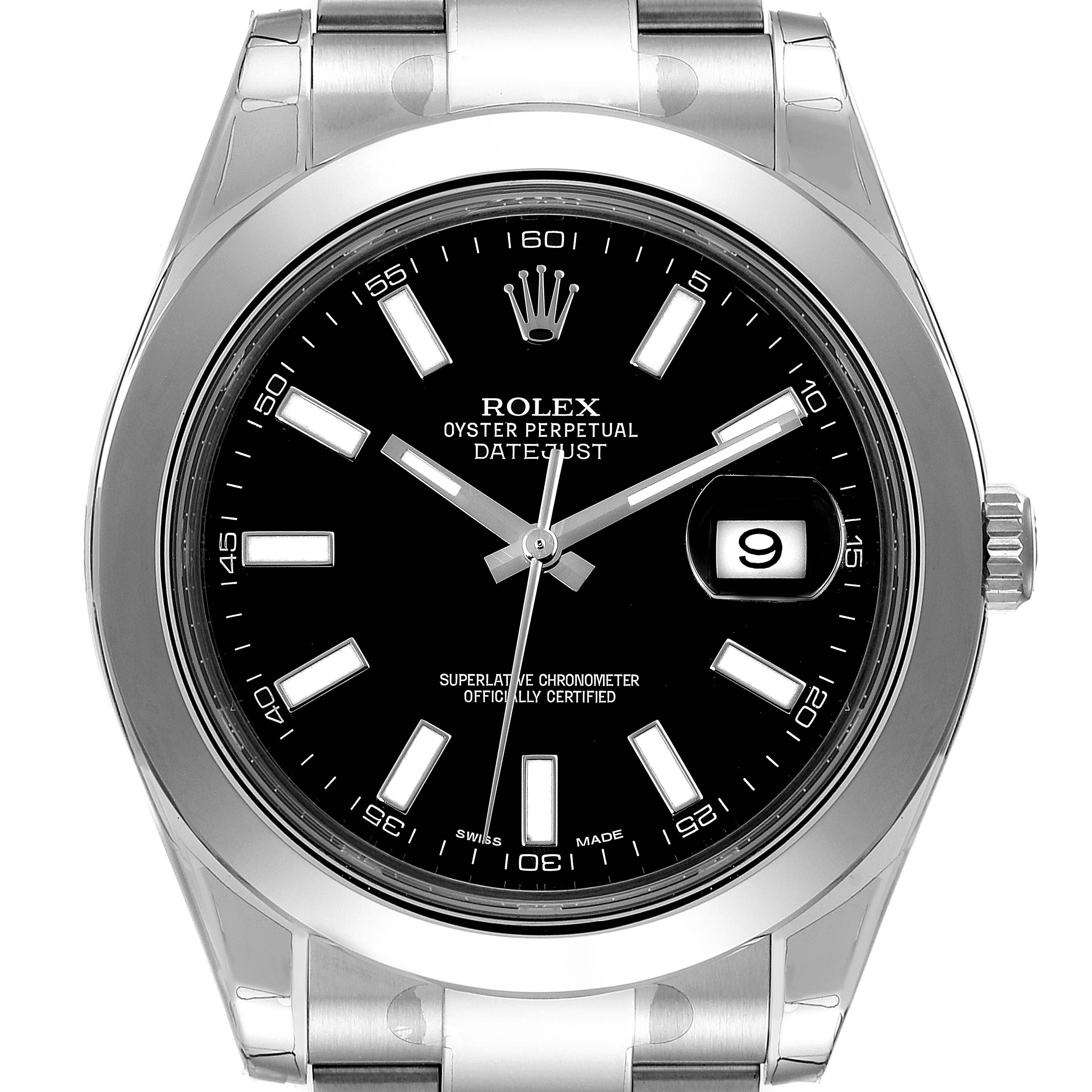 The image displays a front view of the Rolex Datejust 41 116300 Men
s Stainless Steel Black Dial 116300 Men
s Stainless Steel Black Dial watch, highlighting its black dial, markers, and date window.