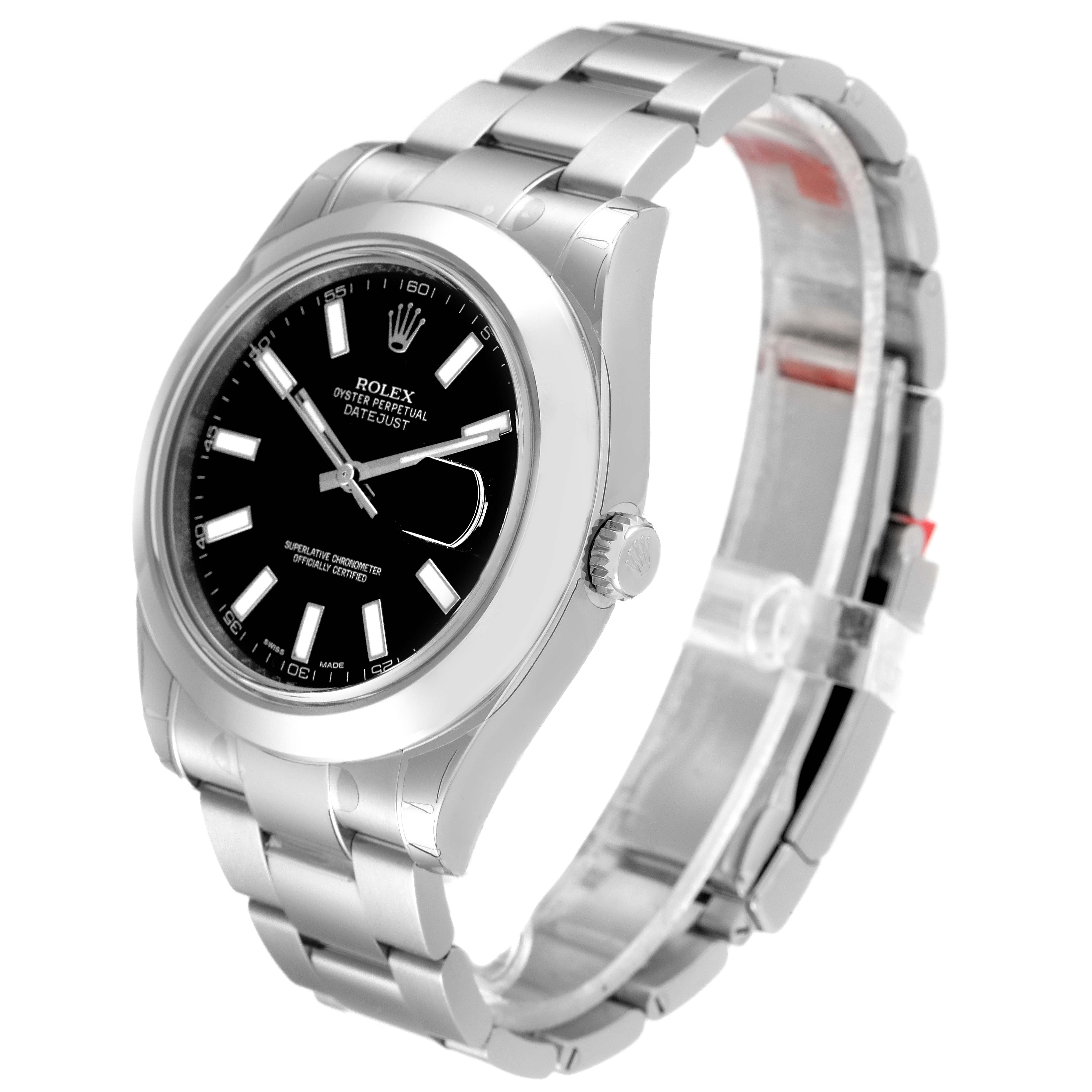 This image shows a Rolex Datejust 41 116300 Men
s Stainless Steel Black Dial 116300 Men
s Stainless Steel Black Dial watch from a slight angle, highlighting the dial, bracelet, and crown.