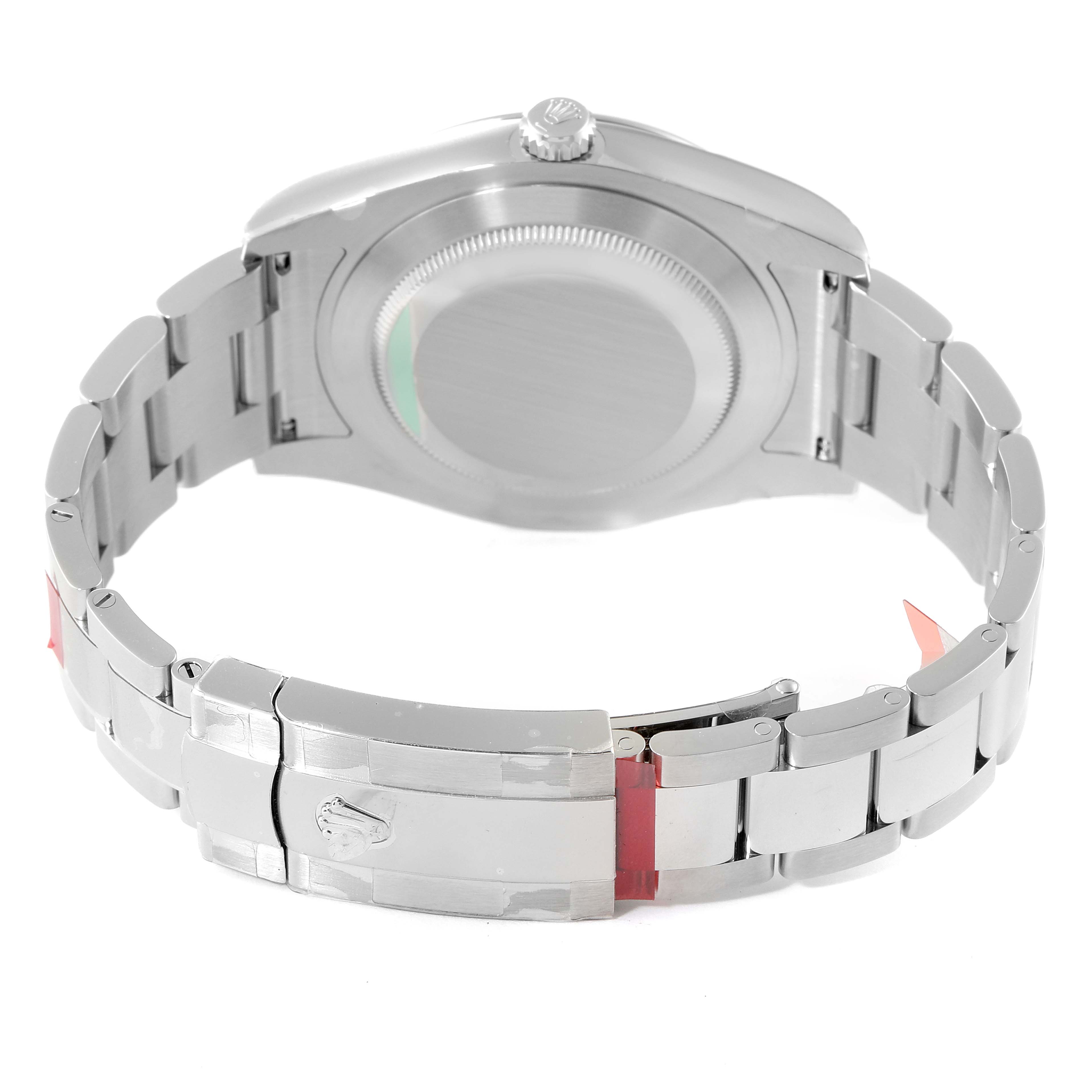 This image shows the back and bracelet clasp of a Rolex Datejust 41 116300 Men
s Stainless Steel Black Dial 116300 Men
s Stainless Steel Black Dial watch, capturing it from a rear angle.