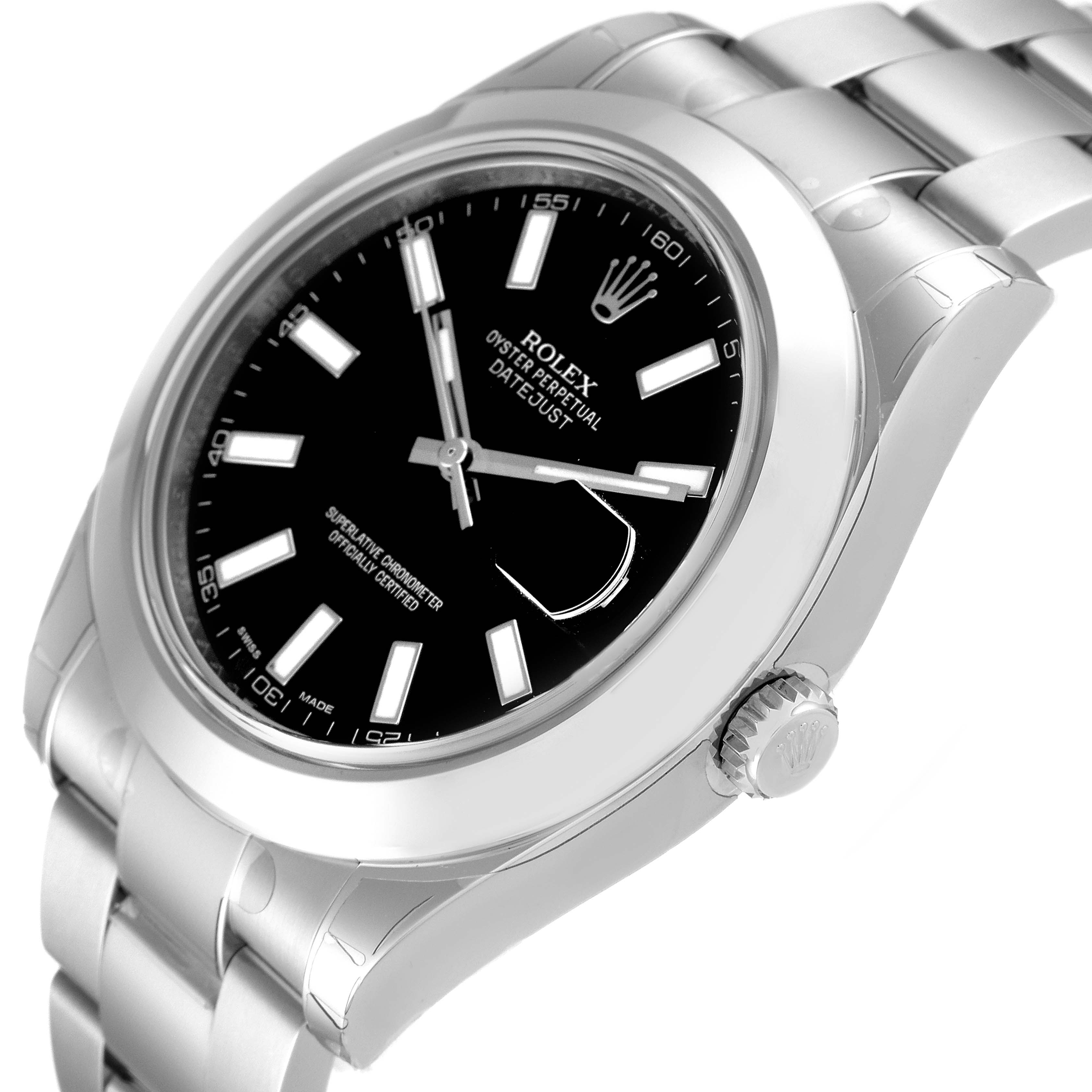 The image shows a close-up side angle of the Rolex Datejust 41 116300 Men
s Stainless Steel Black Dial 116300 Men
s Stainless Steel Black Dial, highlighting the dial, crown, and bracelet.