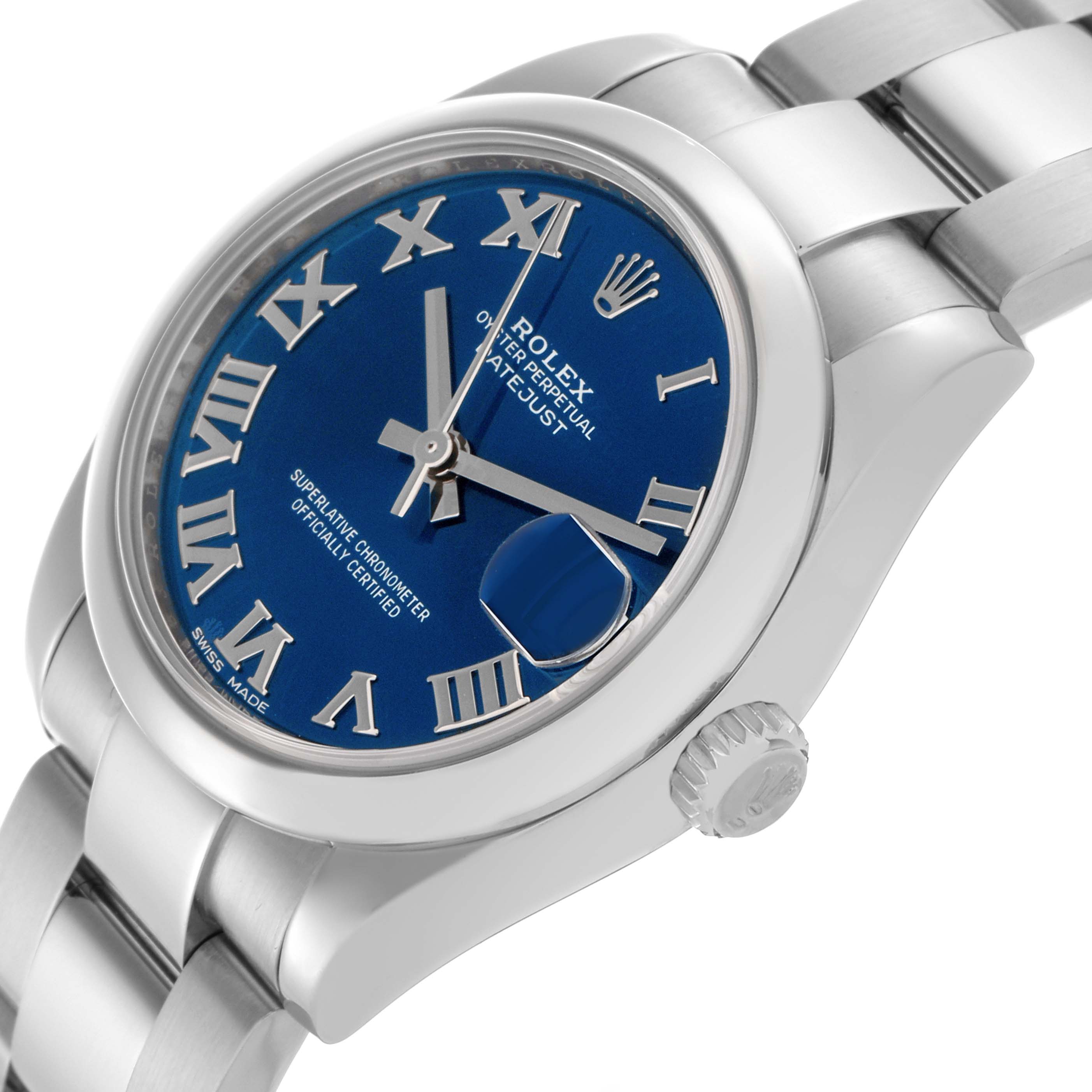 The Rolex Mid-Size 178240 Women's Stainless Steel Blue Dial 178240 Women's Stainless Steel Blue Dial watch is shown at an angled close-up, highlighting the blue dial, Roman numerals, and crown.