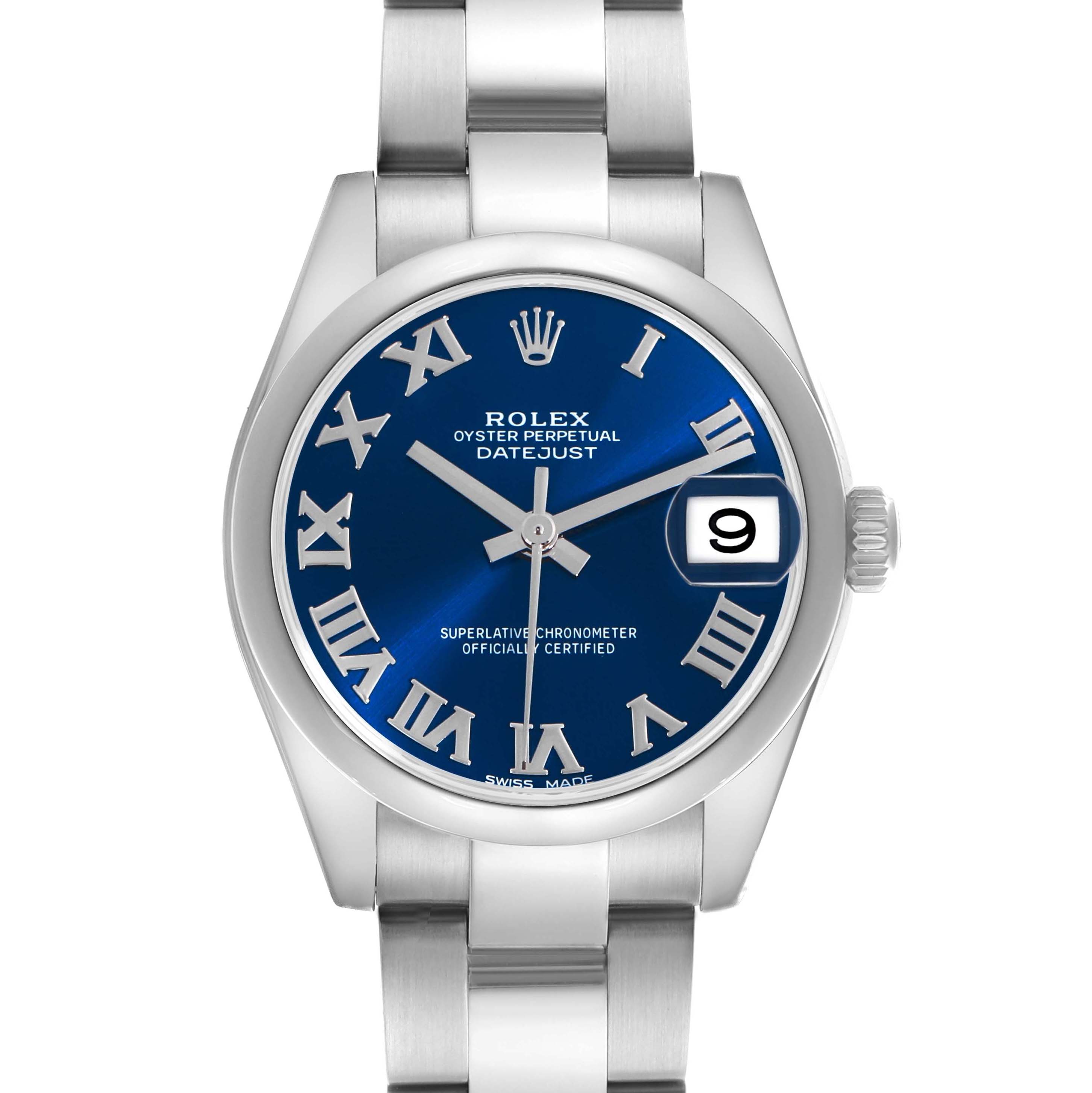 The Rolex Datejust Mid-Size watch is shown from the front, highlighting the blue dial, Roman numerals, and date window.