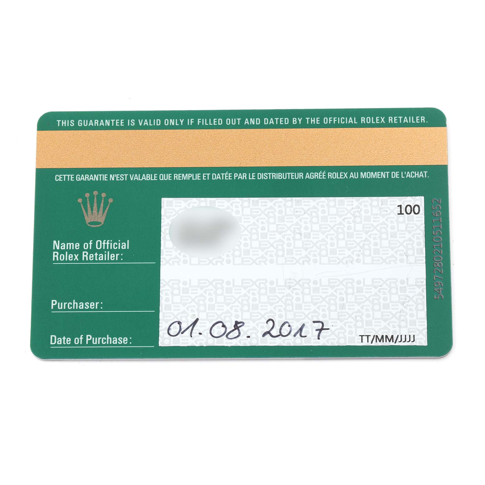 The image shows a Rolex warranty card for a Mid-Size model, displaying retailer and purchase details.