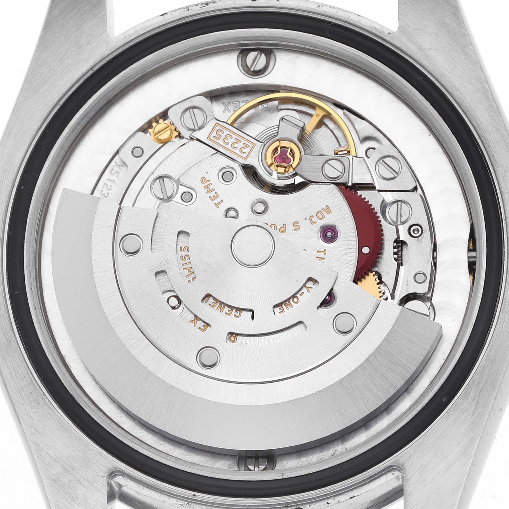 The image shows the movement of a Rolex Mid-Size 178240 Women's Stainless Steel Blue Dial 178240 Women's Stainless Steel Blue Dial watch from the back, highlighting the rotor and mechanical components.