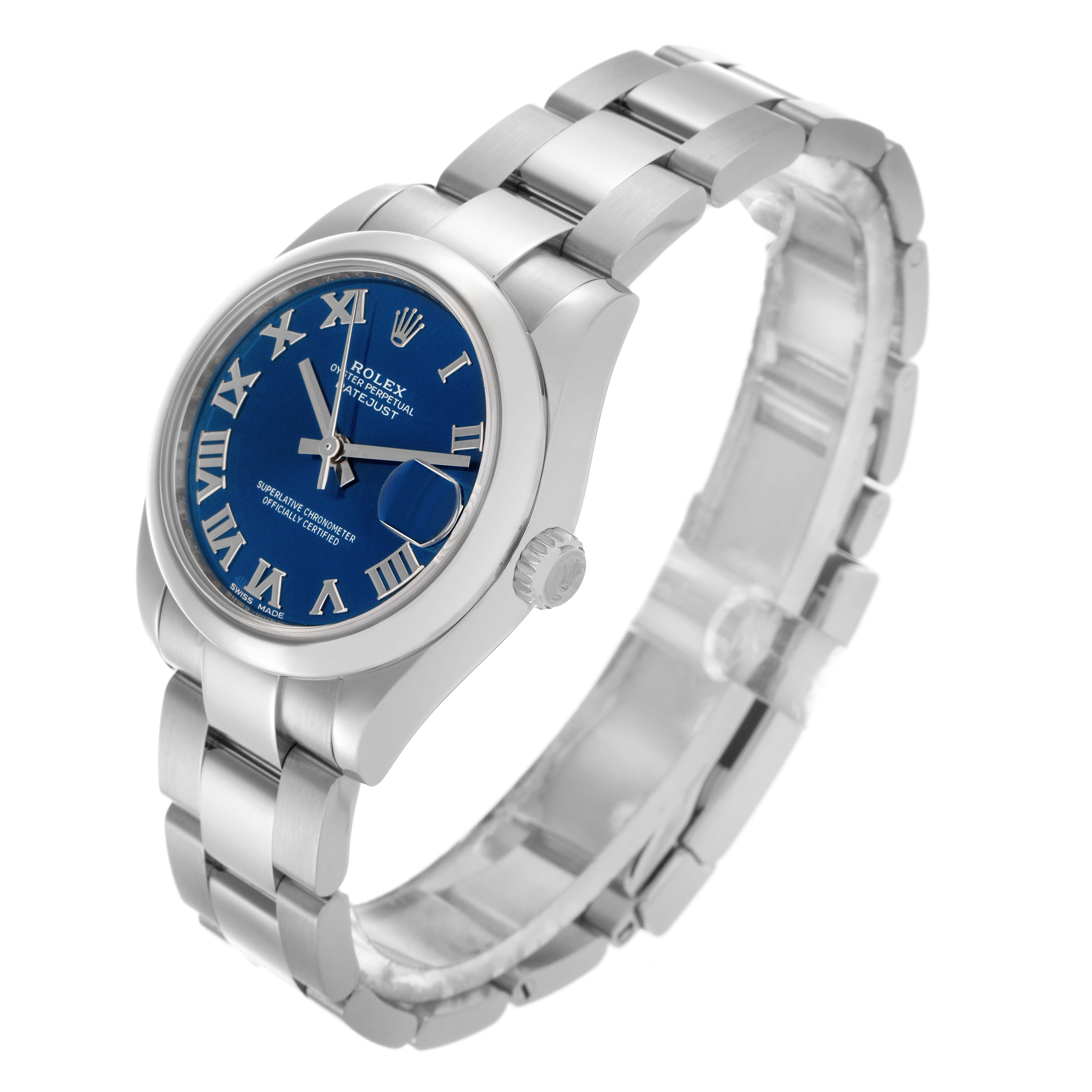 The Rolex Mid-Size 178240 Women's Stainless Steel Blue Dial 178240 Women's Stainless Steel Blue Dial watch is shown at an angled side view, highlighting the bracelet, crown, and blue dial with Roman numerals.