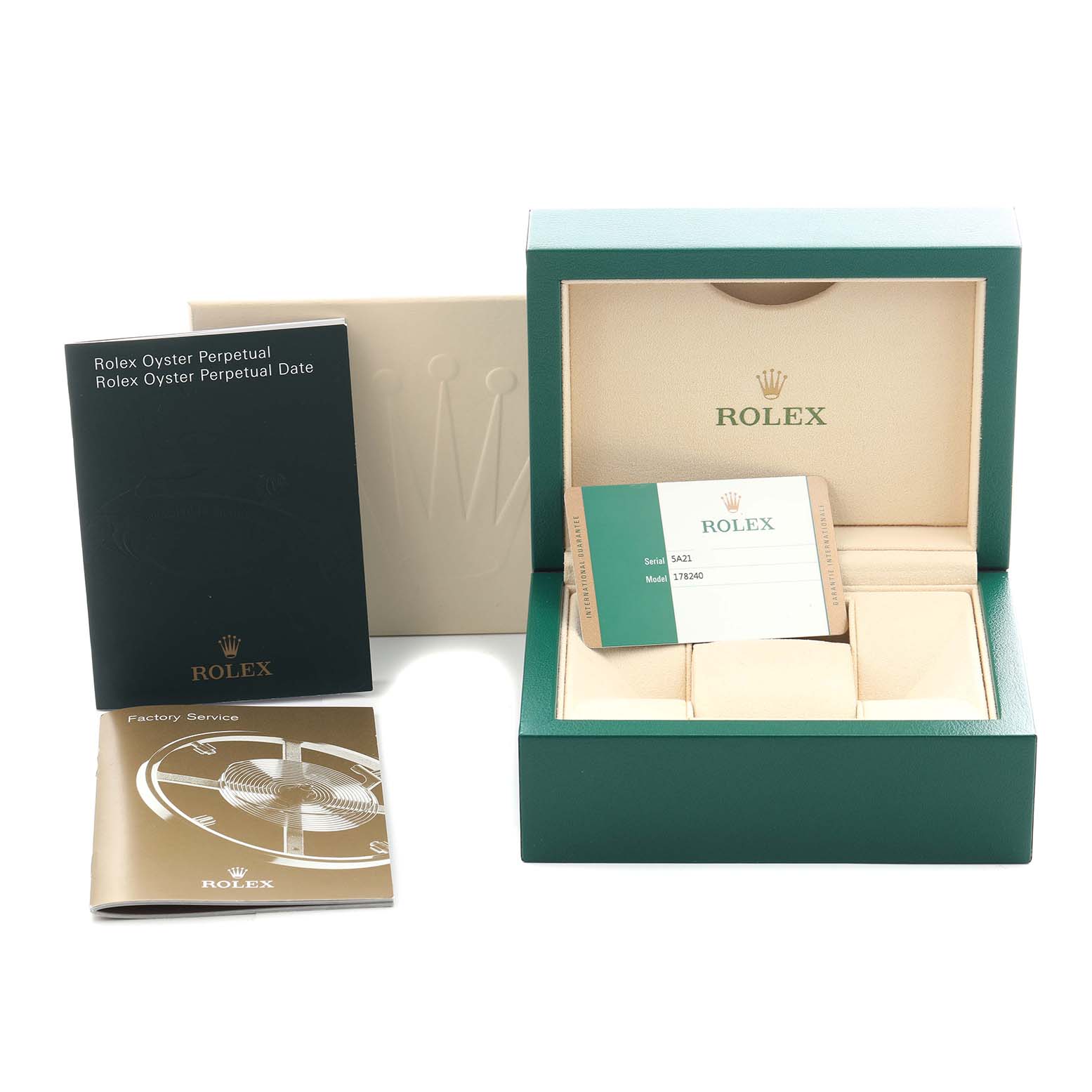 The image shows the Rolex Mid-Size 178240 Women's Stainless Steel Blue Dial 178240 Women's Stainless Steel Blue Dial model packaging, including an open box, manuals, and a warranty card.