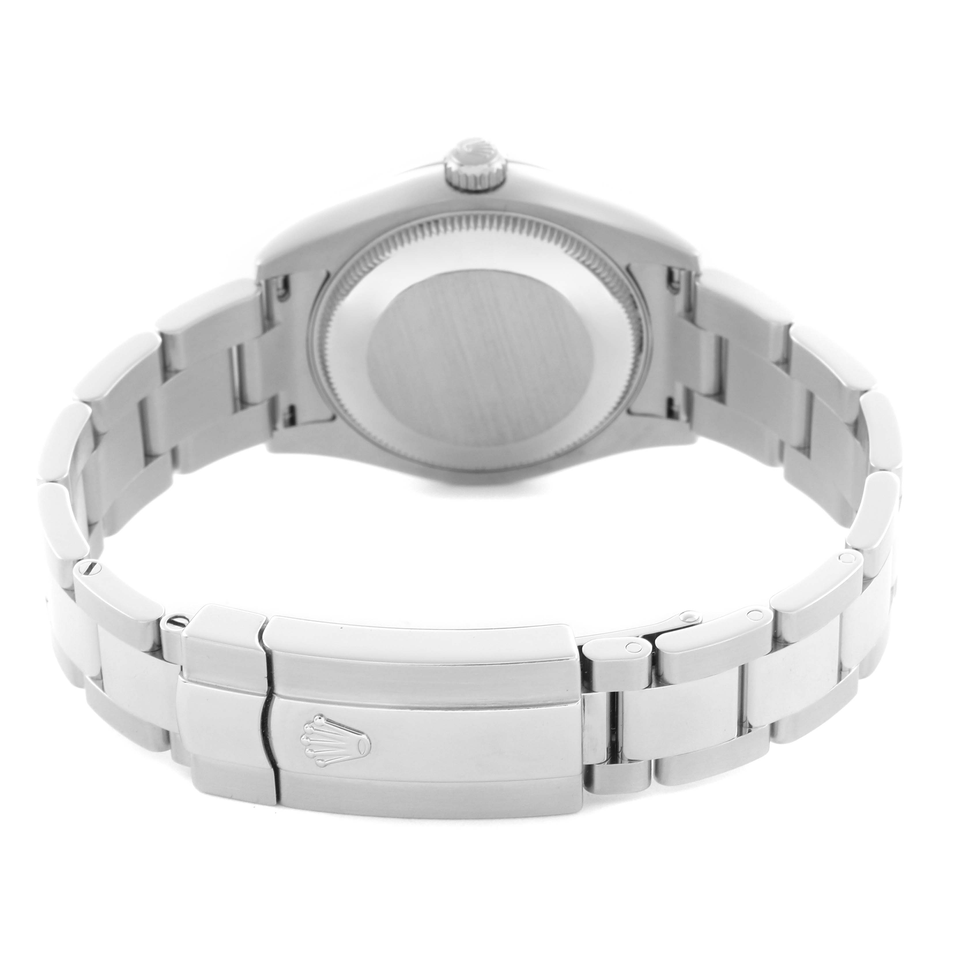 The image shows the back view of a Rolex Mid-Size 178240 Women's Stainless Steel Blue Dial 178240 Women's Stainless Steel Blue Dial model watch, highlighting the case back, bracelet, and clasp with the logo.