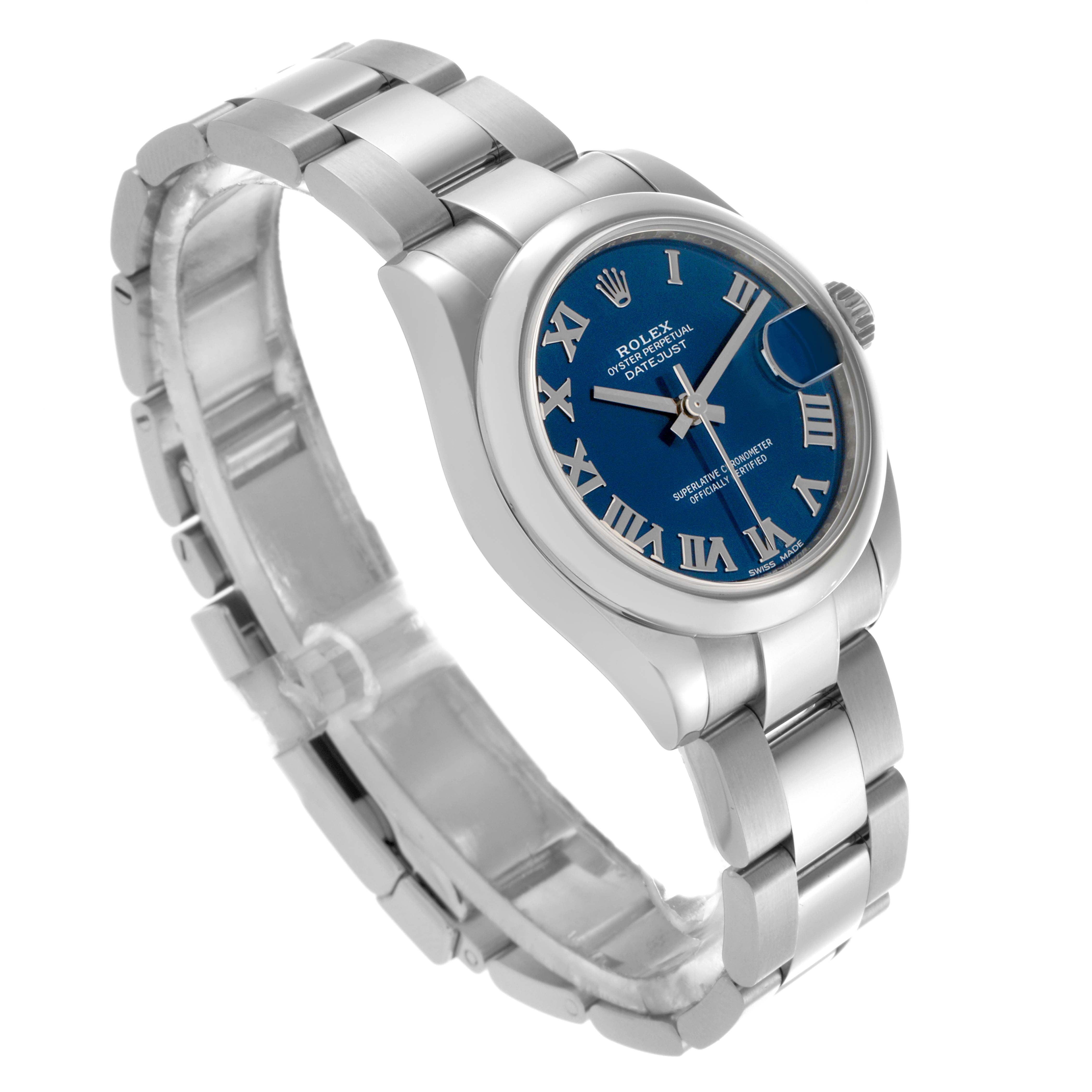 The Rolex Mid-Size 178240 Women's Stainless Steel Blue Dial 178240 Women's Stainless Steel Blue Dial watch is shown at a three-quarter angle, highlighting the blue dial, steel bracelet, and Roman numeral indices.