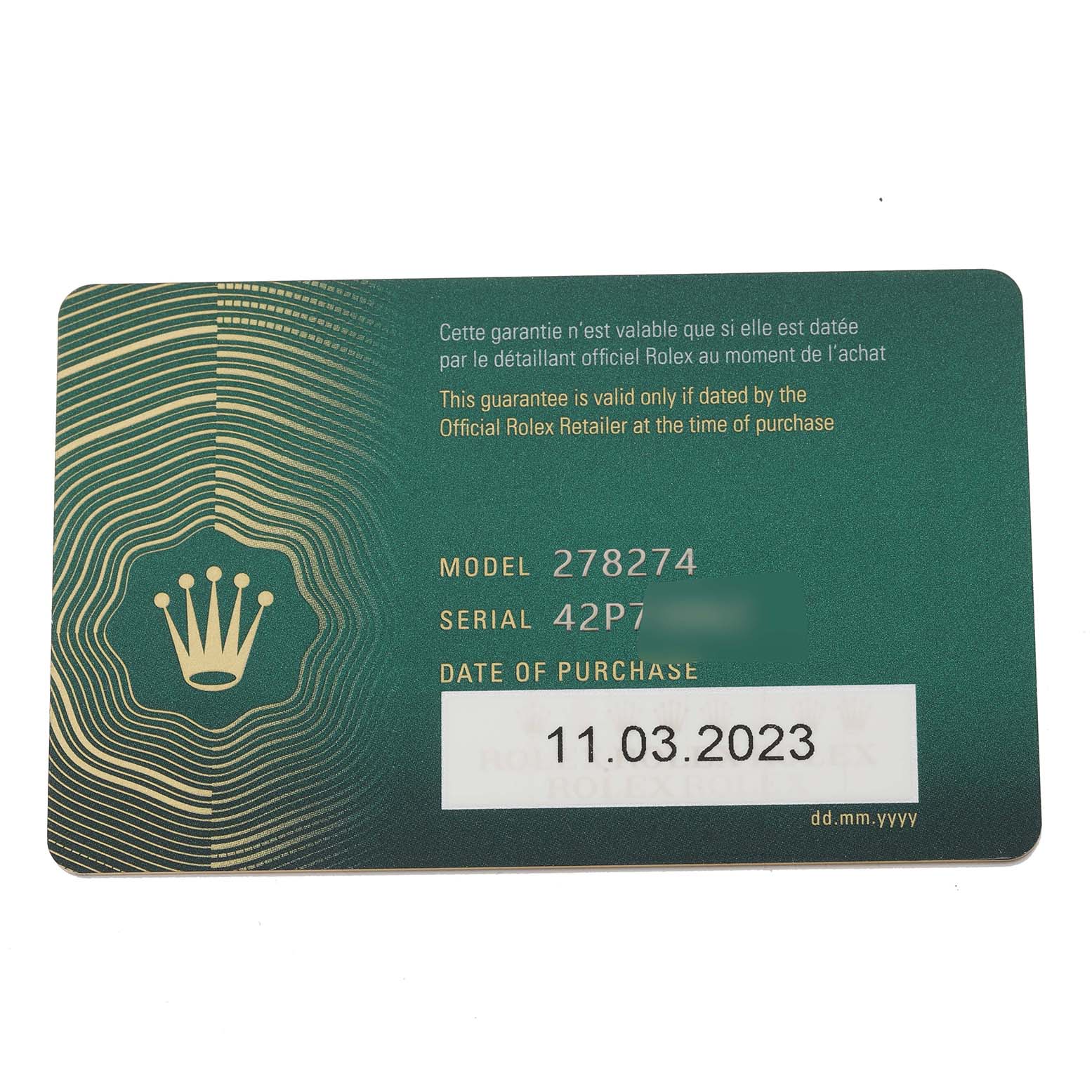 This image shows a green Rolex warranty card for the Mid-Size model 278274.
