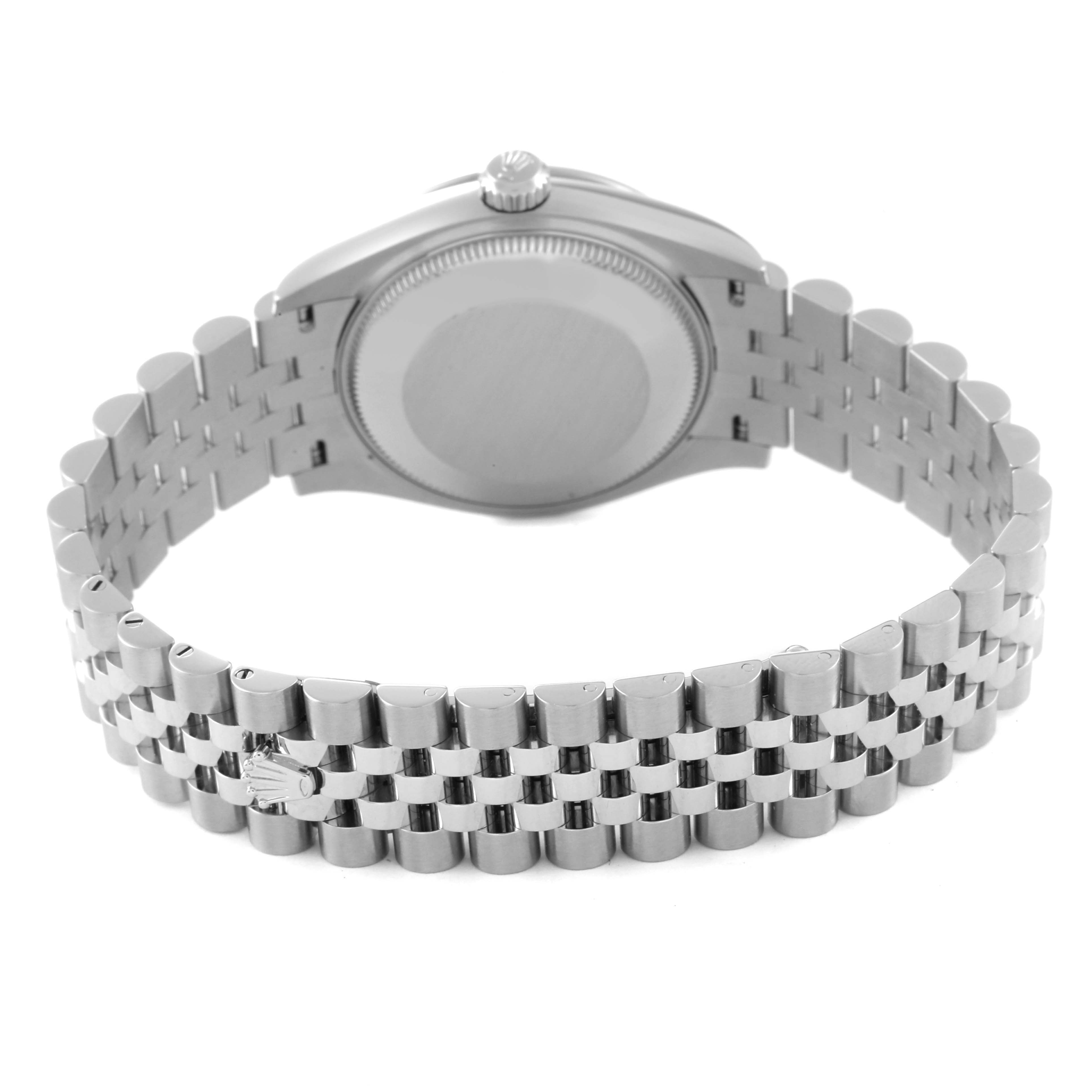 This image shows the back view of a Rolex Mid-Size 278274 Women's Stainless Steel Blue Dial 278274 Women's Stainless Steel Blue Dial model watch, highlighting the case back and bracelet.