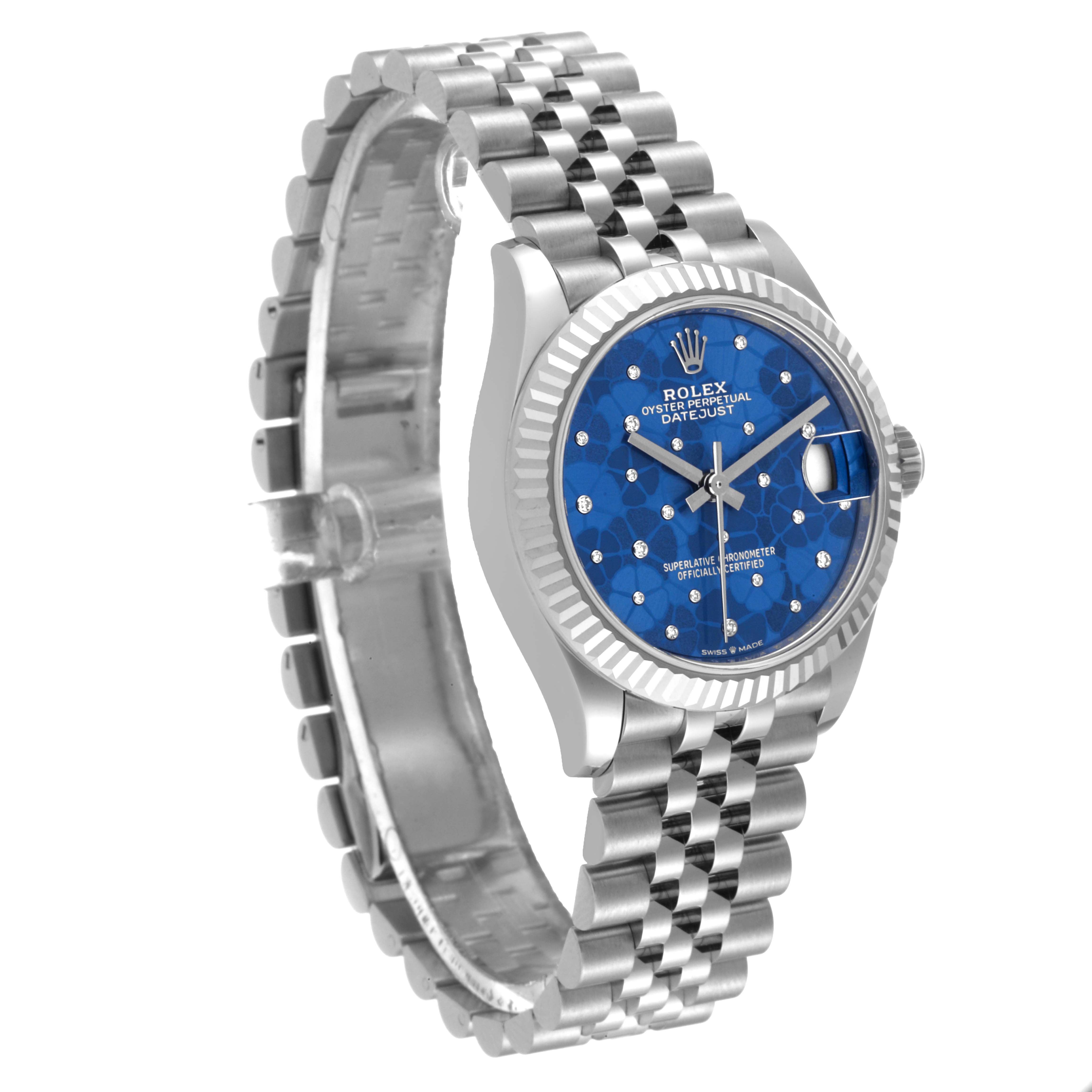 The image shows a Mid-Size Rolex Datejust at a three-quarter angle, revealing the face, bezel, and bracelet.