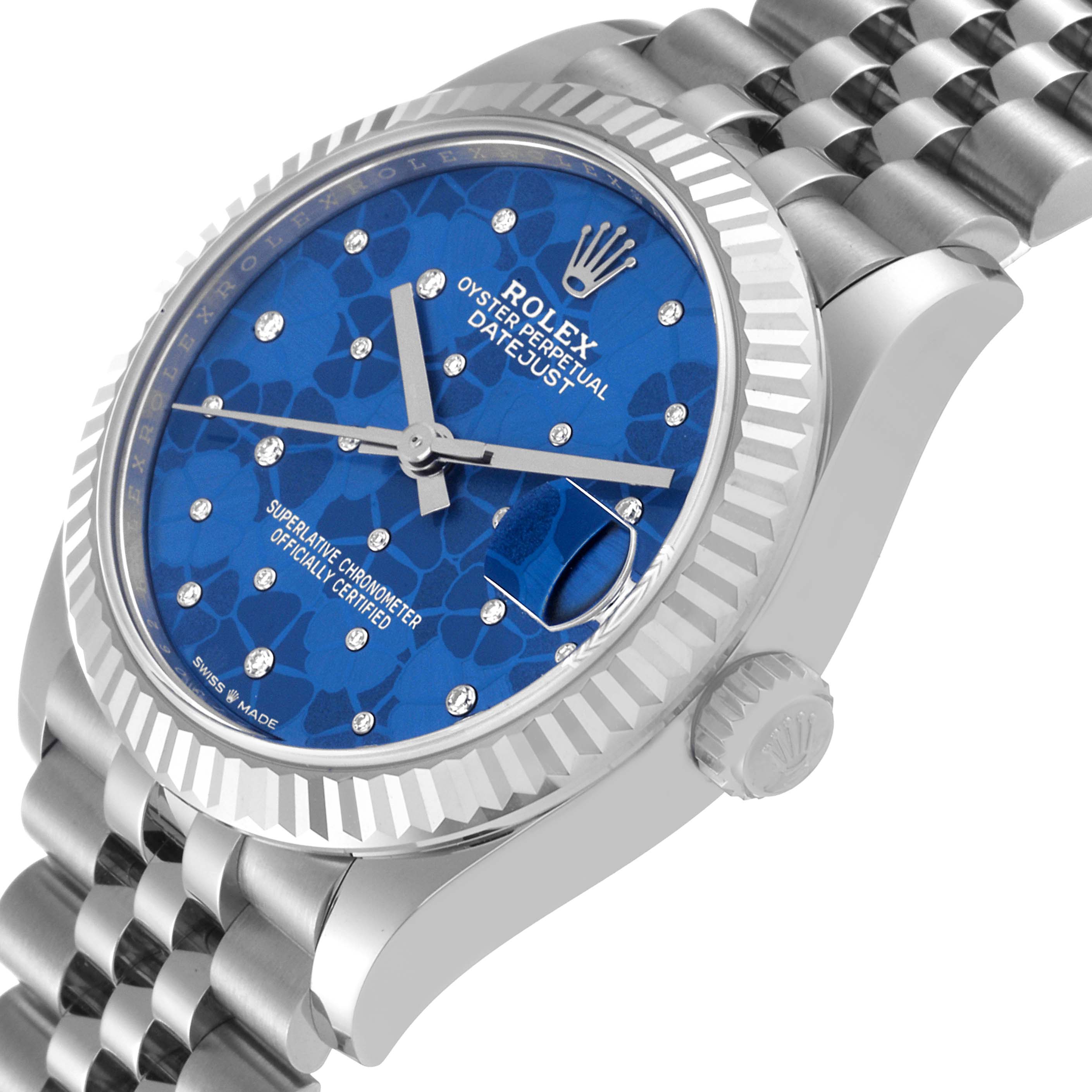 This image shows a Rolex Oyster Perpetual Datejust Mid-Size model at a slight side angle, highlighting its blue dial, fluted bezel, and jubilee bracelet.