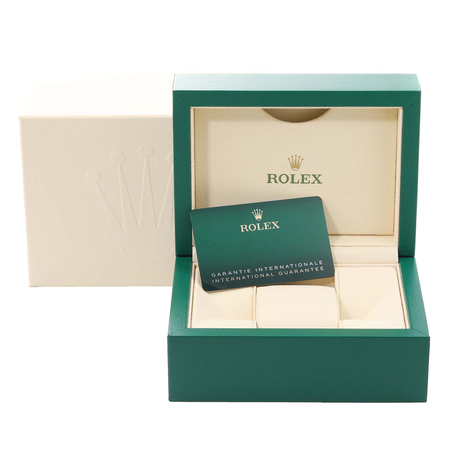 The image shows a green Rolex watch box and international guarantee card, with an ivory-colored inner box for the Mid-Size model.