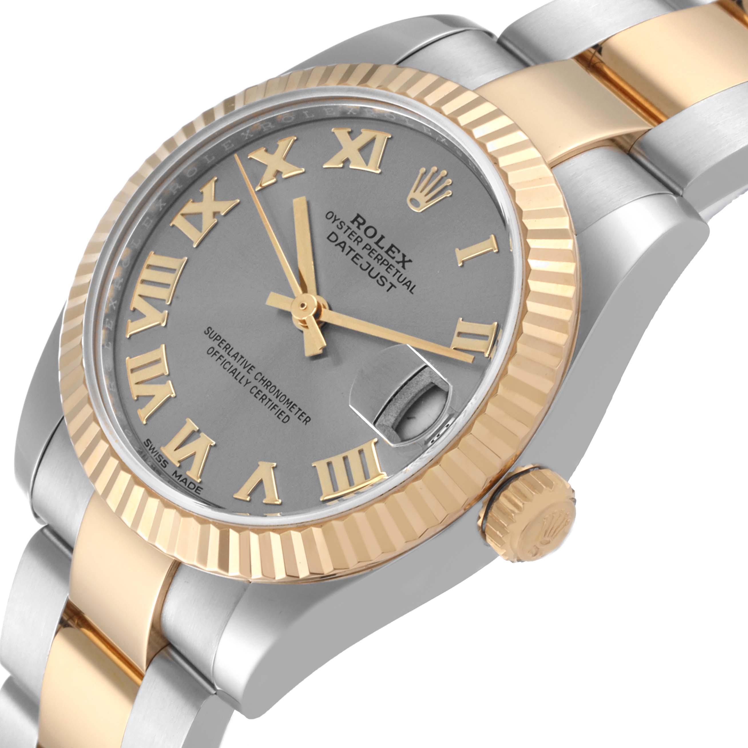 This image shows a close-up angled view of the Rolex Mid-Size 178273 Women
s Steel and Gold (two tone) Grey Dial 178273 Women
s Steel and Gold (two tone) Grey Dial Datejust, featuring the dial, bezel, crown, and part of the bracelet.