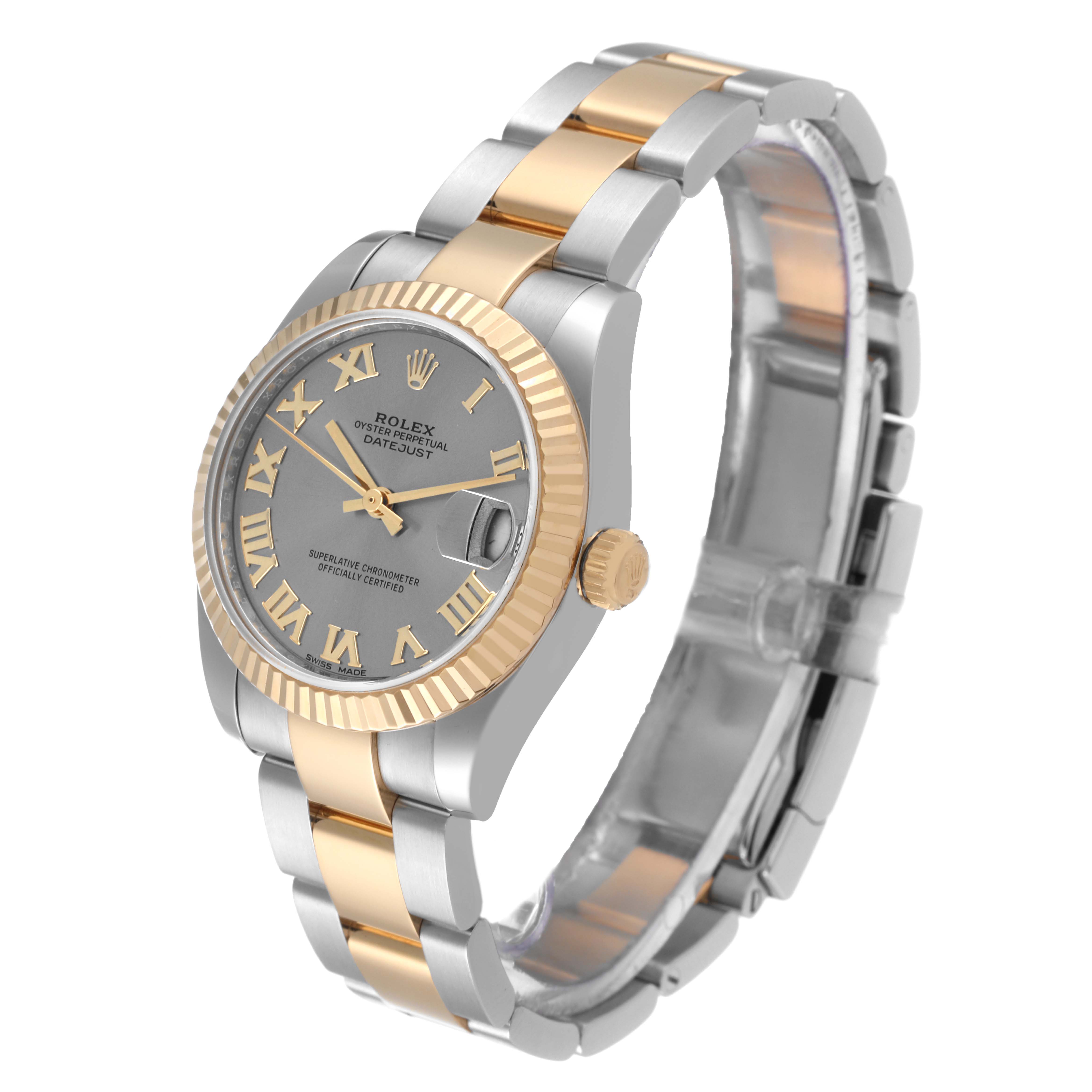 This Rolex Mid-Size 178273 Women
s Steel and Gold (two tone) Grey Dial 178273 Women
s Steel and Gold (two tone) Grey Dial Datejust watch is shown at a slight angle, displaying the face, bezel, band, and crown.