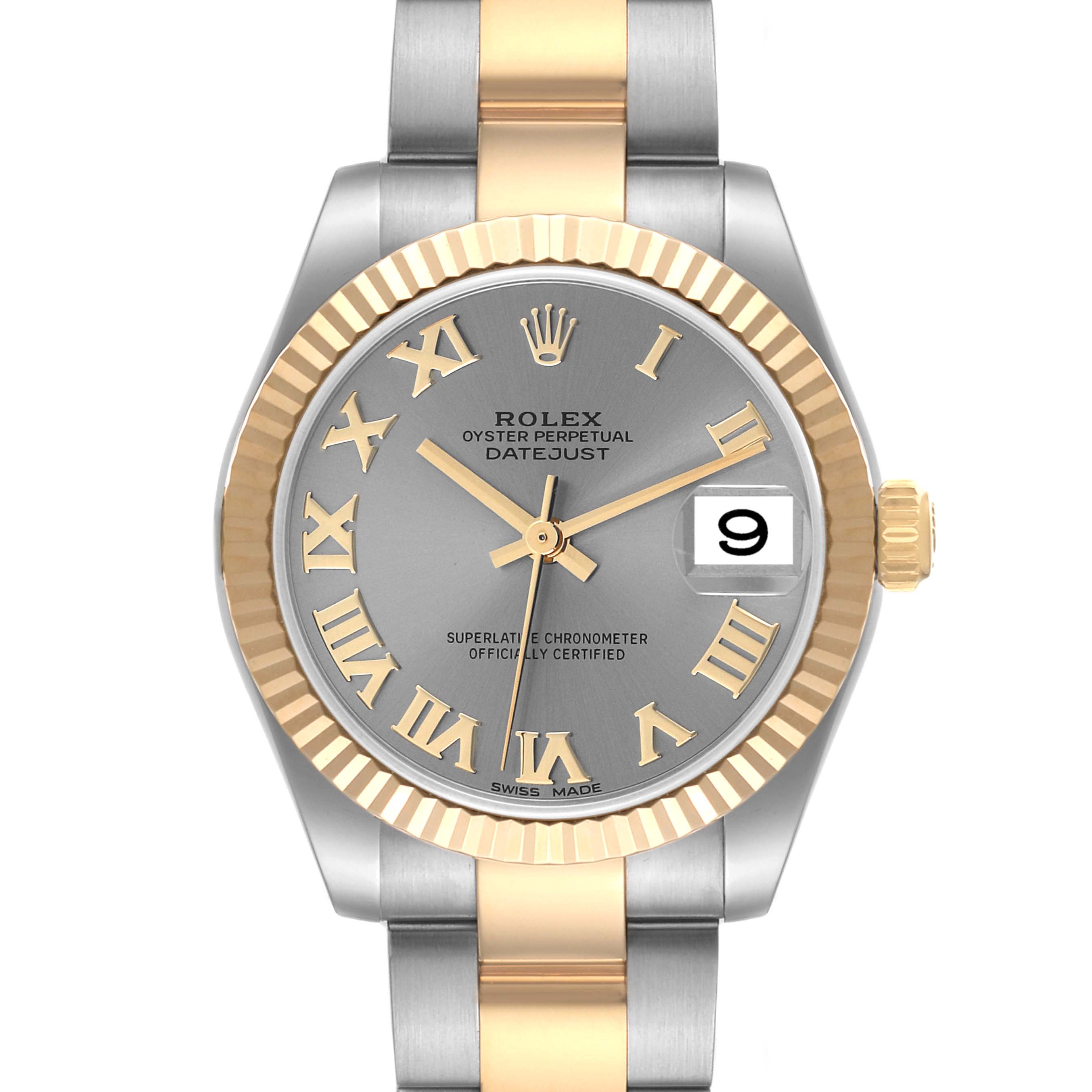 The image shows a front view of the Mid-Size Rolex Oyster Perpetual Datejust watch, displaying its grey dial, gold Roman numerals, and two-tone bracelet.