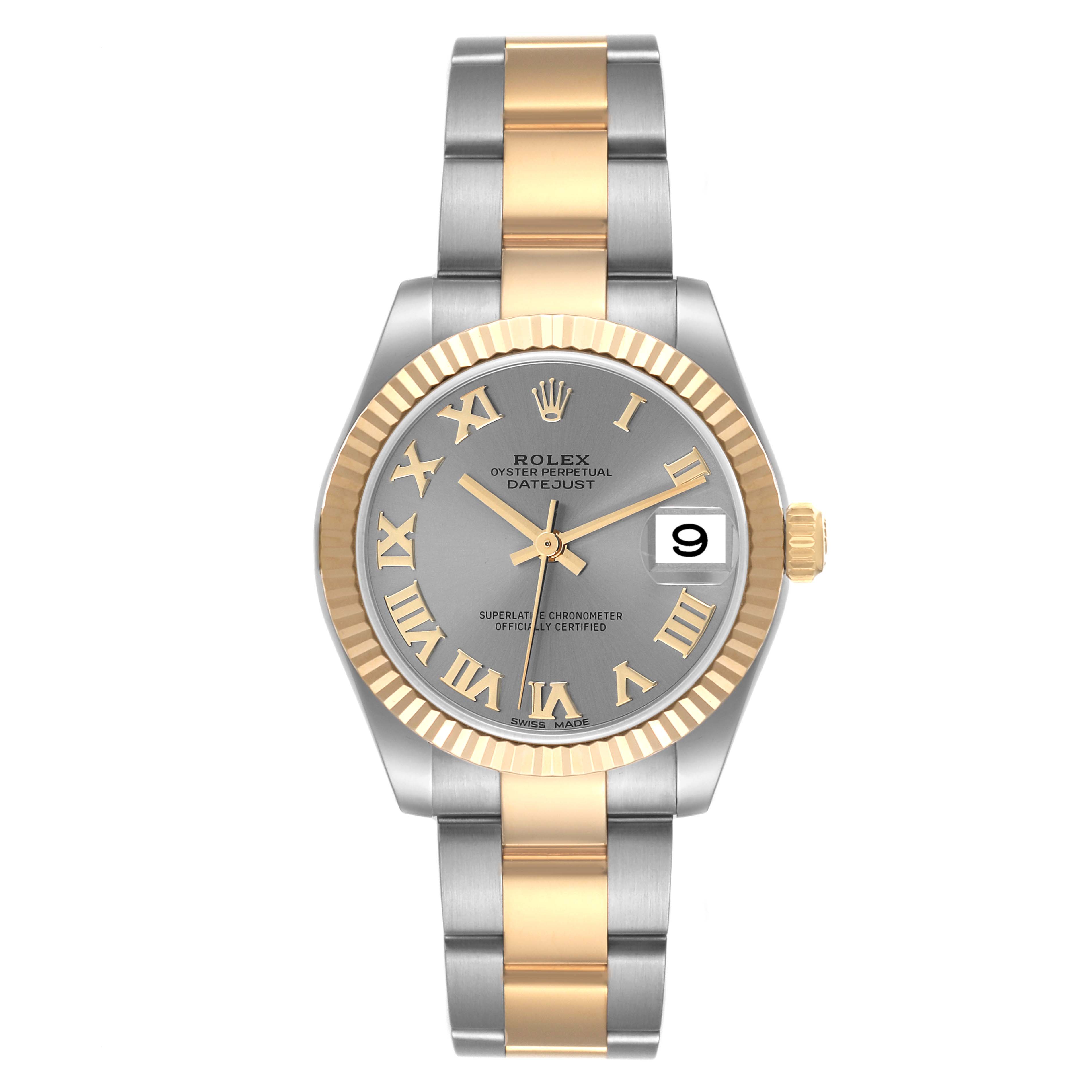 This image shows a front view of a Rolex Datejust Mid-Size watch featuring a two-tone band, gray face, gold Roman numerals, and a date display.