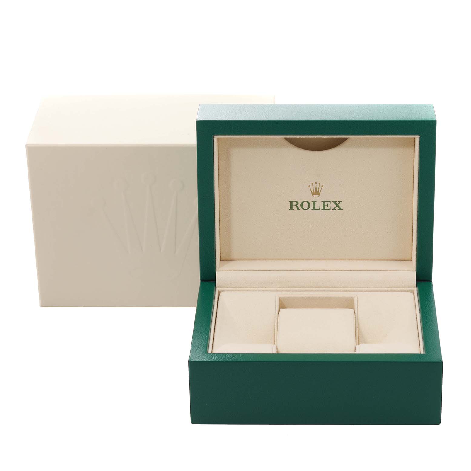 The image shows an open Rolex watch box for a Mid-Size model, showcased from a frontal angle.