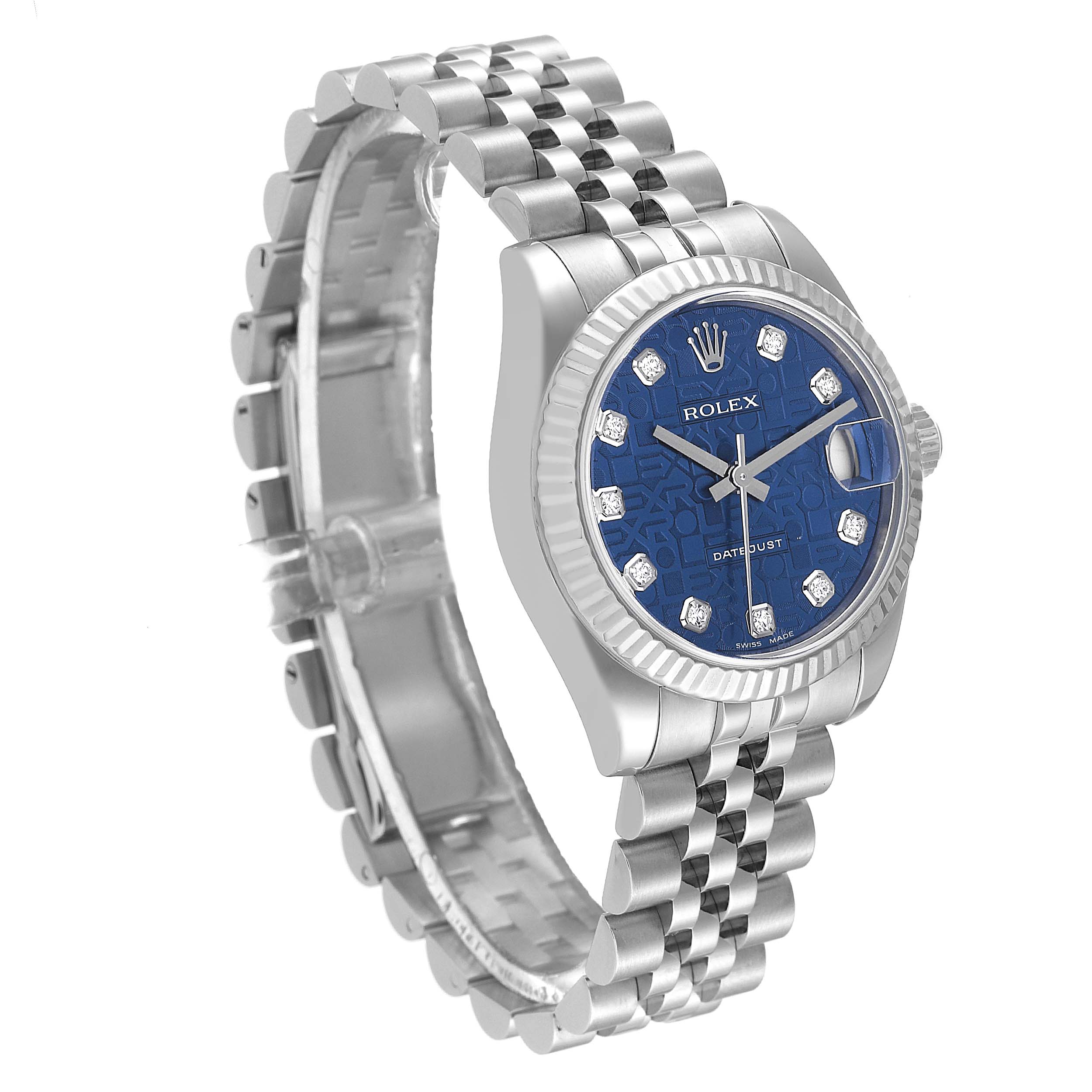 This Rolex Mid-Size 178274 Women
s Stainless Steel Blue Dial 178274 Women
s Stainless Steel Blue Dial model is shown at a three-quarter angle, highlighting the bracelet, watch face, and crown.