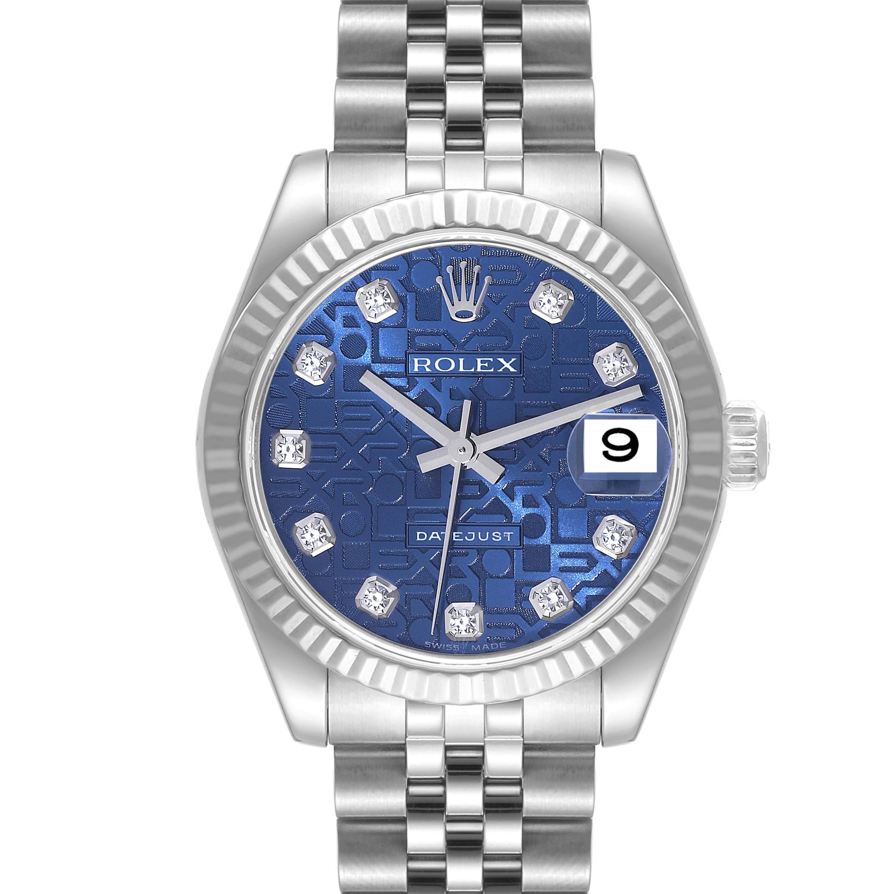 This image shows a Rolex Mid-Size 178274 Women
s Stainless Steel Blue Dial 178274 Women
s Stainless Steel Blue Dial Datejust watch from a front angle, displaying the blue dial, date, and stainless steel bracelet.
