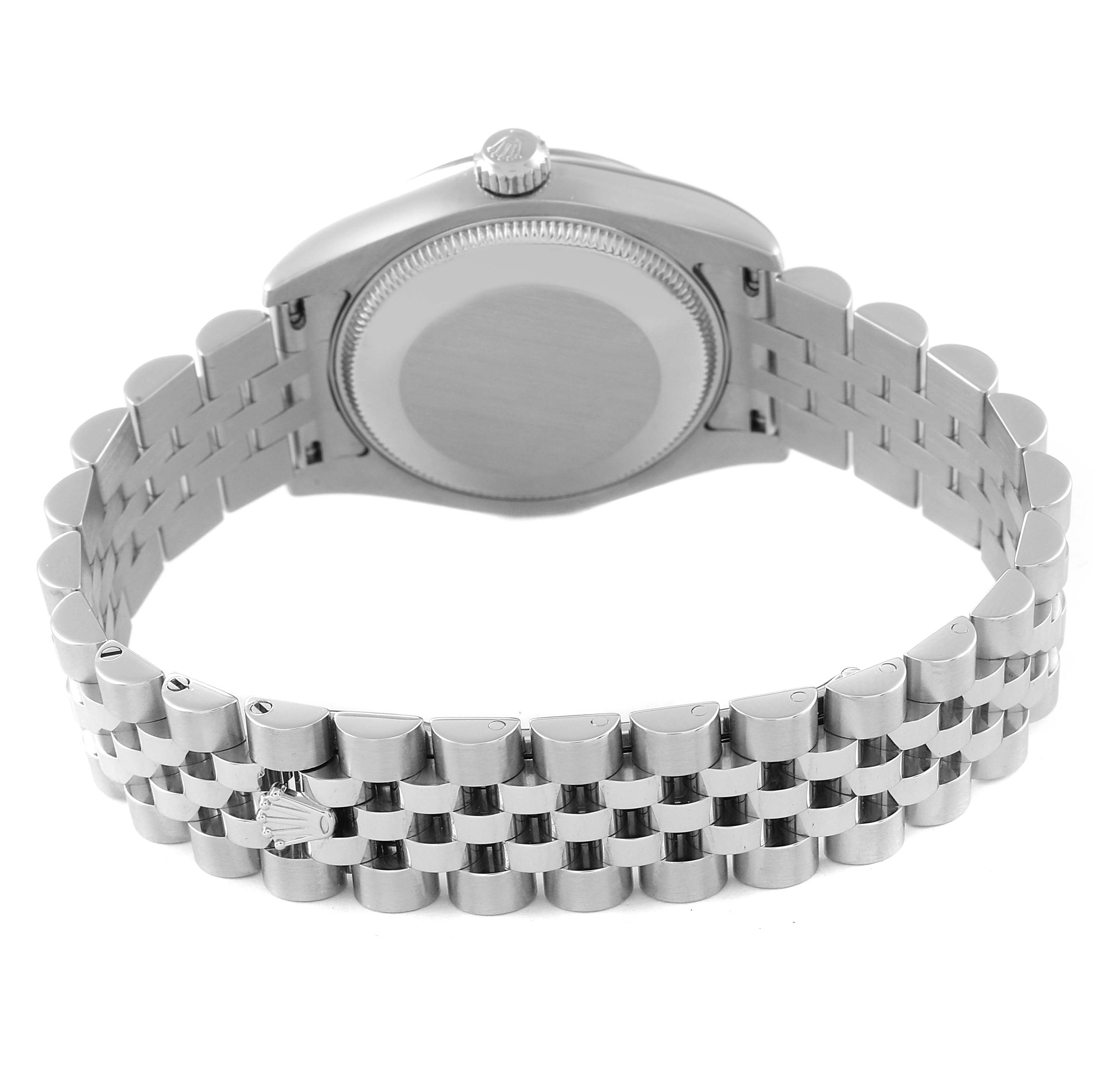 This image shows the back view of a Rolex Mid-Size 178274 Women
s Stainless Steel Blue Dial 178274 Women
s Stainless Steel Blue Dial model watch, focusing on the bracelet and case back.