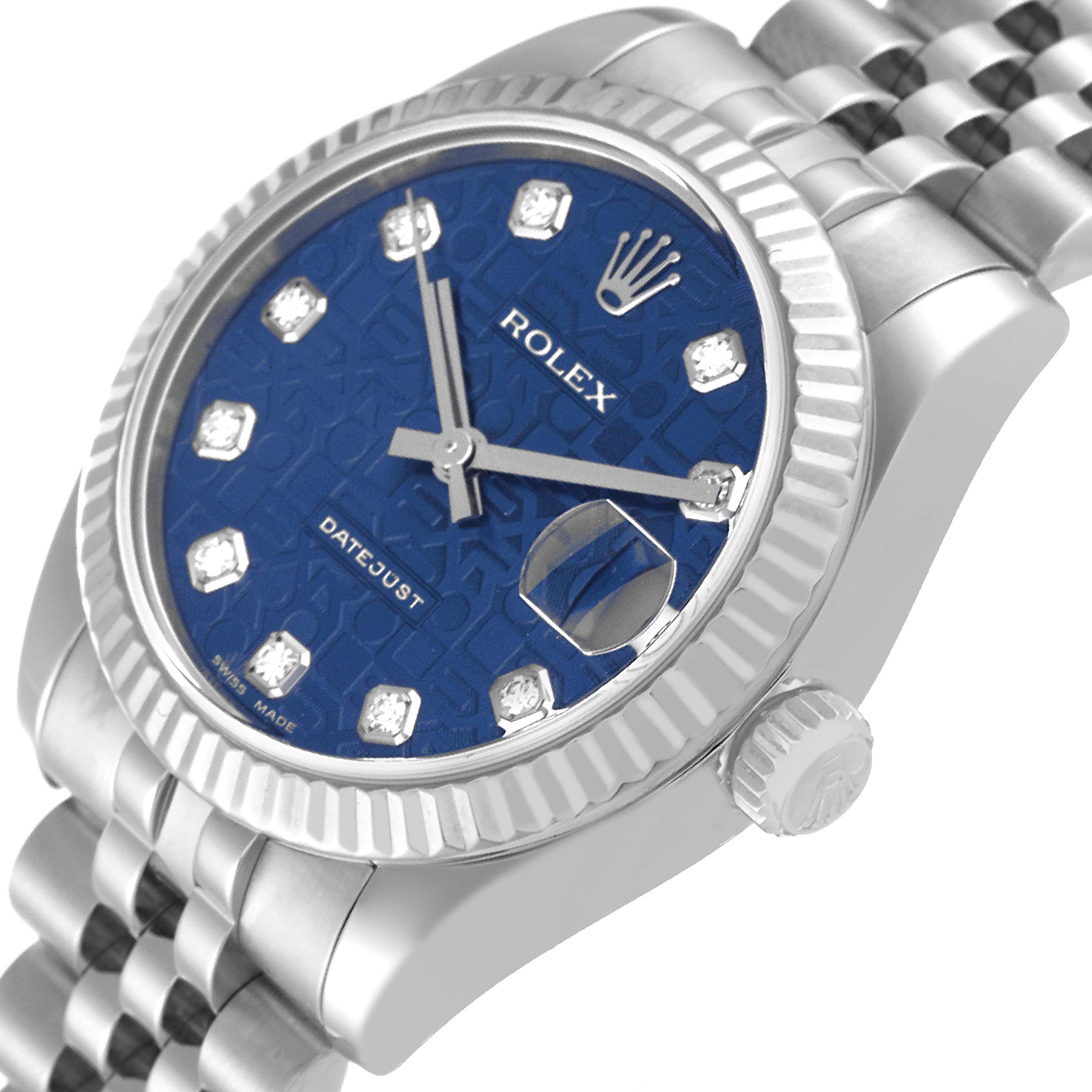 The image shows a Mid-Size Rolex Datejust watch angled to display the face, crown, and part of the Jubilee bracelet.