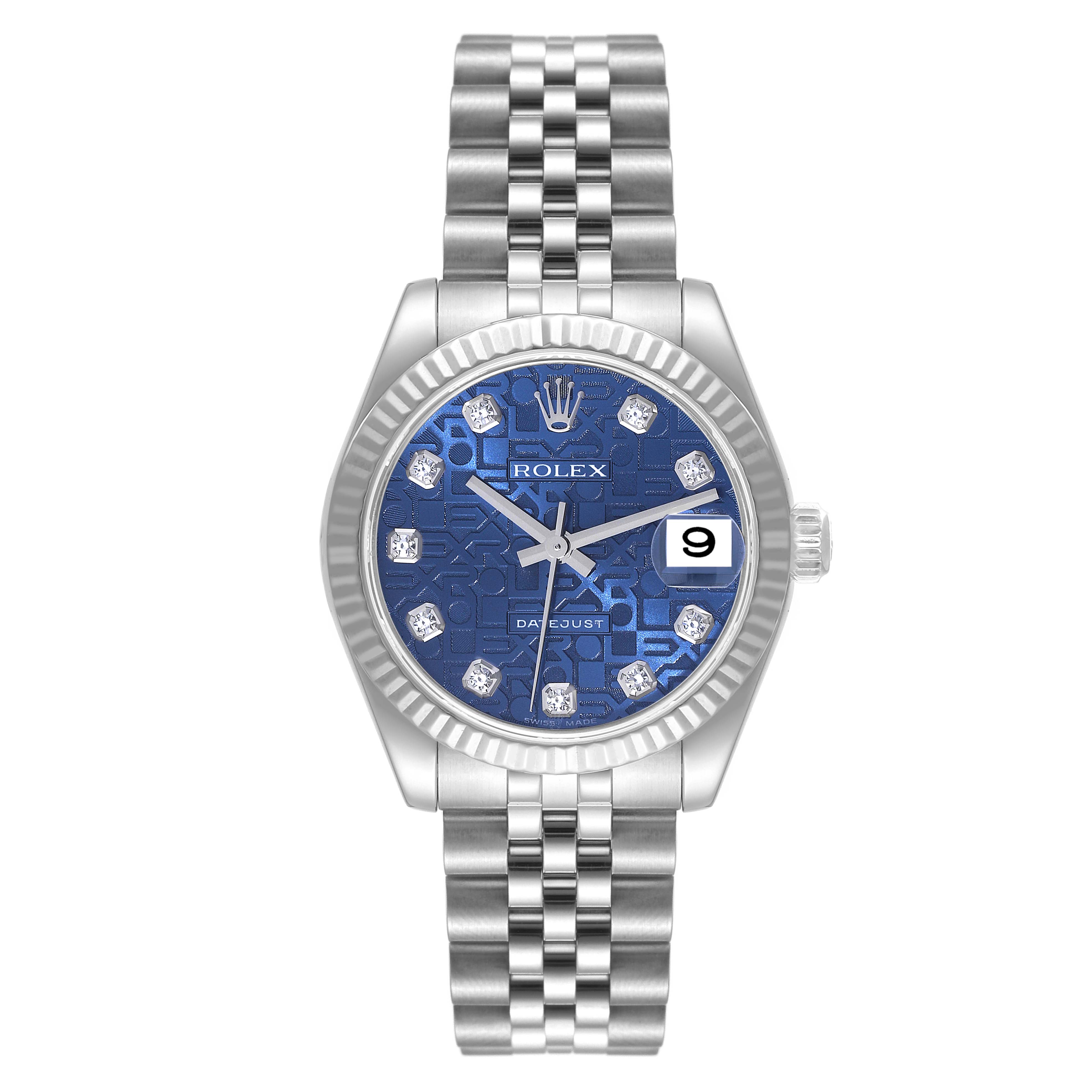 The Rolex Mid-Size 178274 Women
s Stainless Steel Blue Dial 178274 Women
s Stainless Steel Blue Dial model features a blue dial with diamond markers, date display, and a two-tone metal bracelet, shown from a front angle.